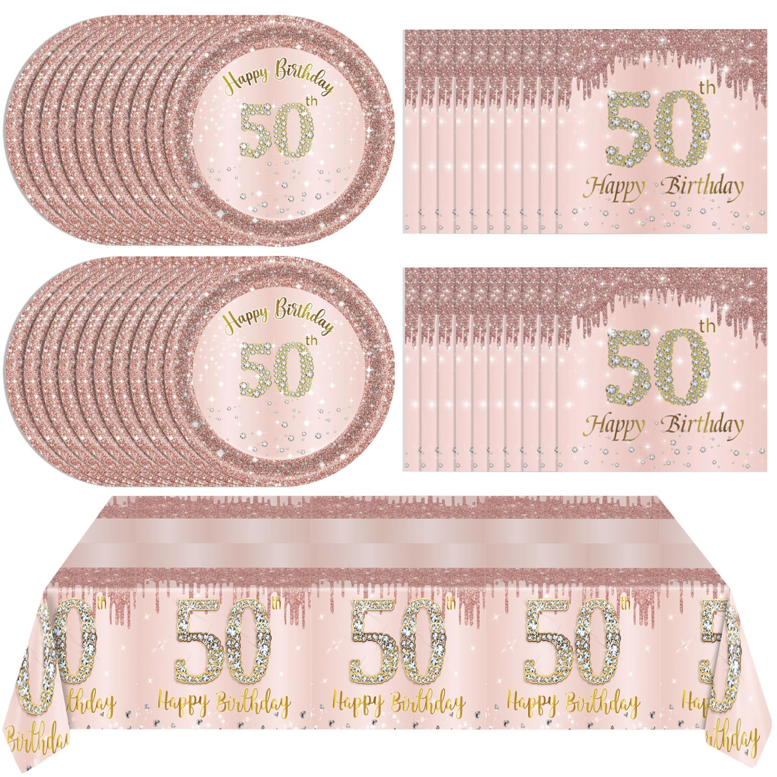41Pcs 50Th Birthday Decorations, Rose Gold Birthday Party Supplies Include 20Pcs Plates 20Pcs Napkins And 1Piece Tablecloth, Swe