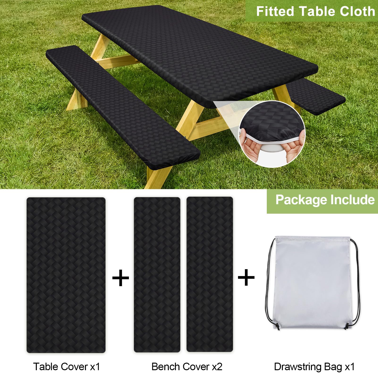 Picnic Table Cover With Bench Covers Camping Essentials Waterproof Windproof Camping Tablecloth With Drawstring Bag, Fitted Rect