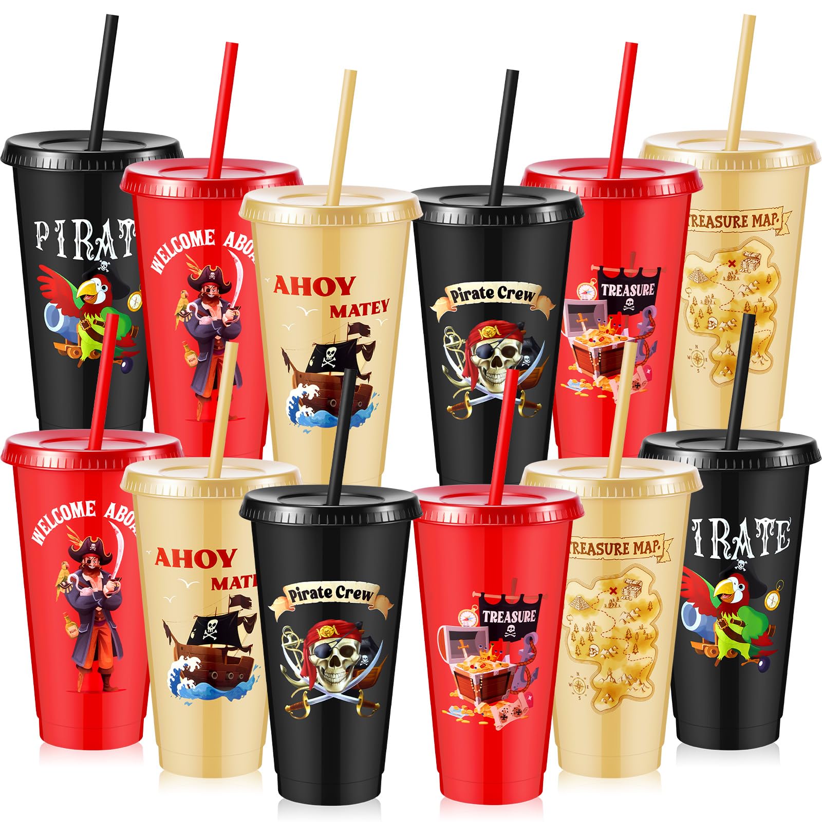Uiifan 12 Pcs Pirate Cups Bulk 24 oz Reusable Plastic Cups with Lids Straws Pirate Themed Tumbler for Birthday Christmas Party F