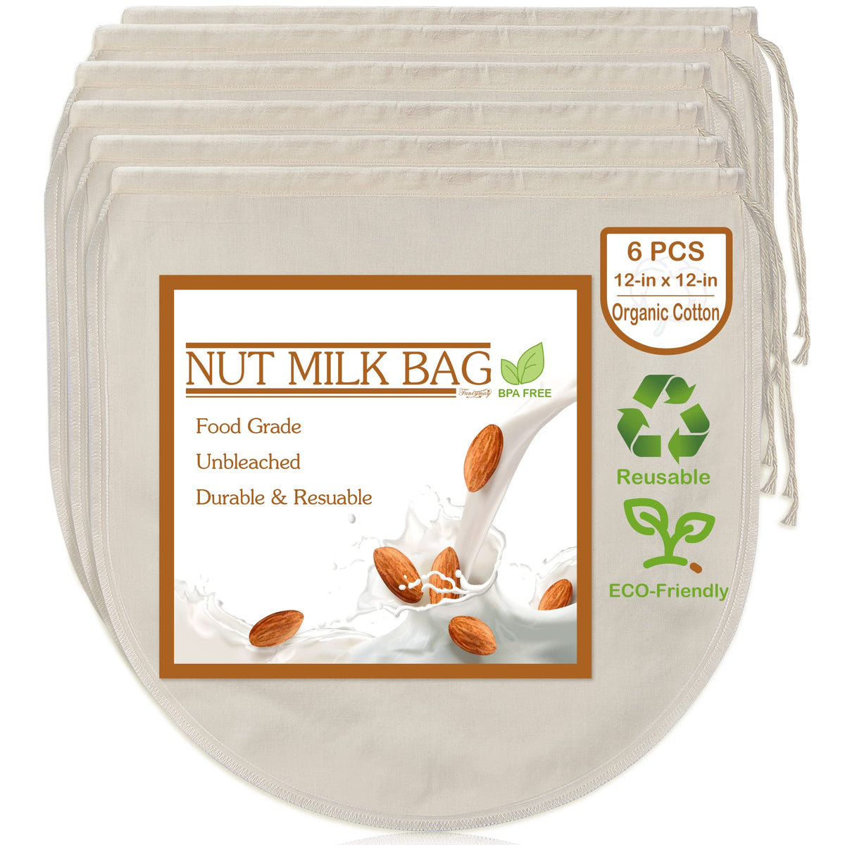6 Pcs 12''X12'' Nut Milk Bags - 100% Unbleached Cotton Cheesecloth, Reusable Food Strainer Colander For Straining Almond/Oat Mil
