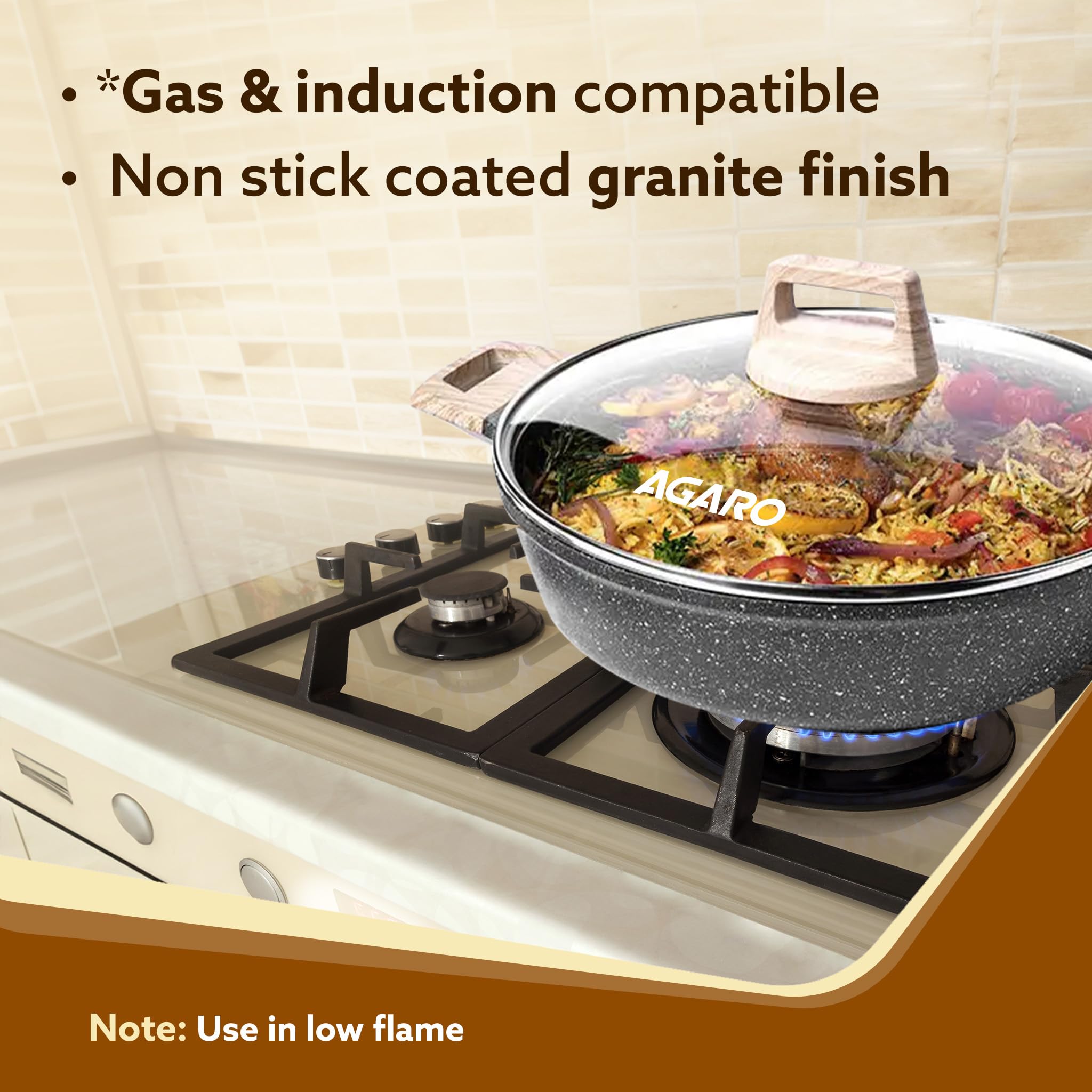 AGARO Imperial Granite Non Stick Cookware Set, 3pcs Cookware Set, 24cm Frying Pan with Glass Lid, 28cm Dosa Tawa, 28cm Kadai wit