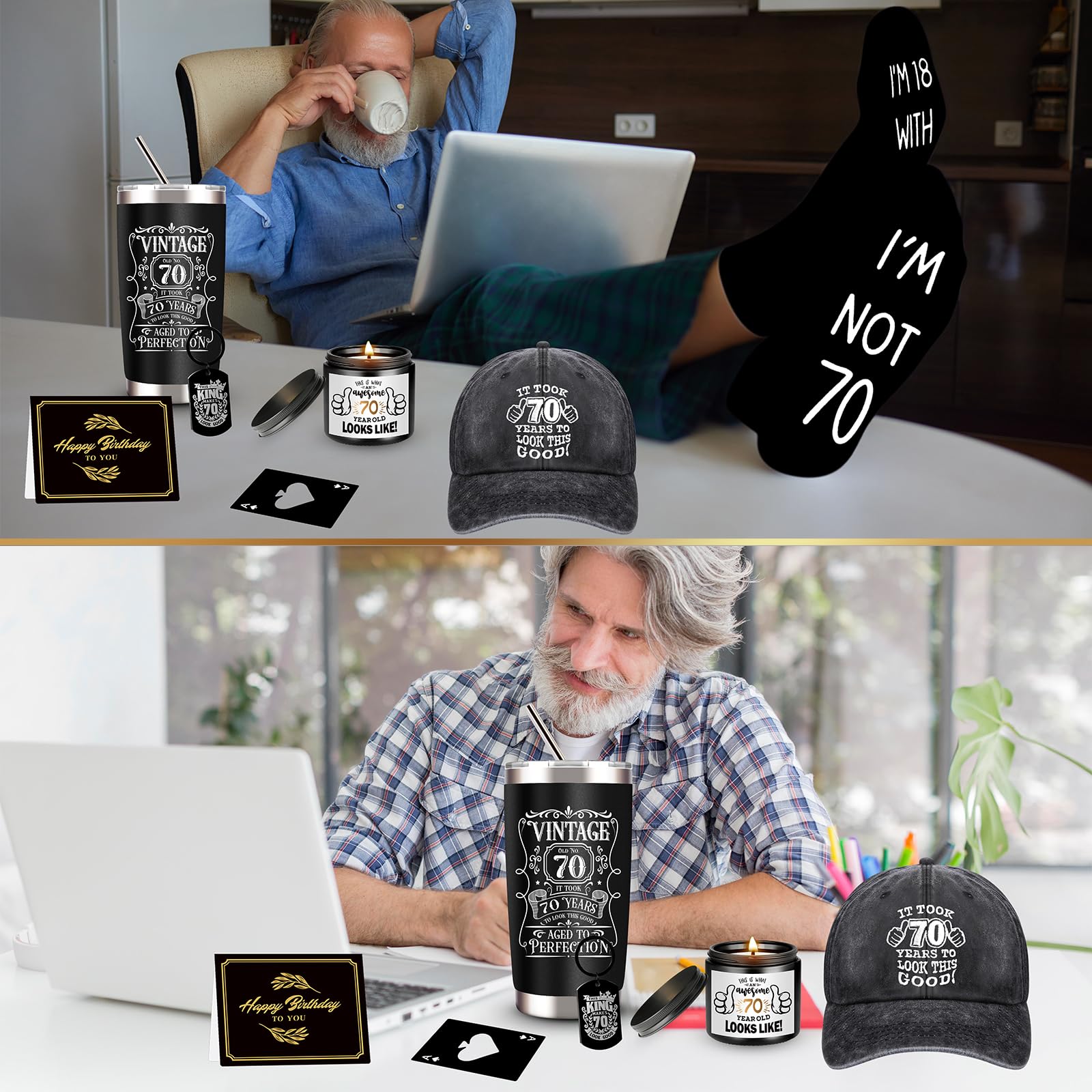 JTAMOHI 70th Birthday Gifts for Men - Unique Box with 20 Oz Tumbler, Scented Candle, Socks, Baseball Cap for Husband, Dad, Grand