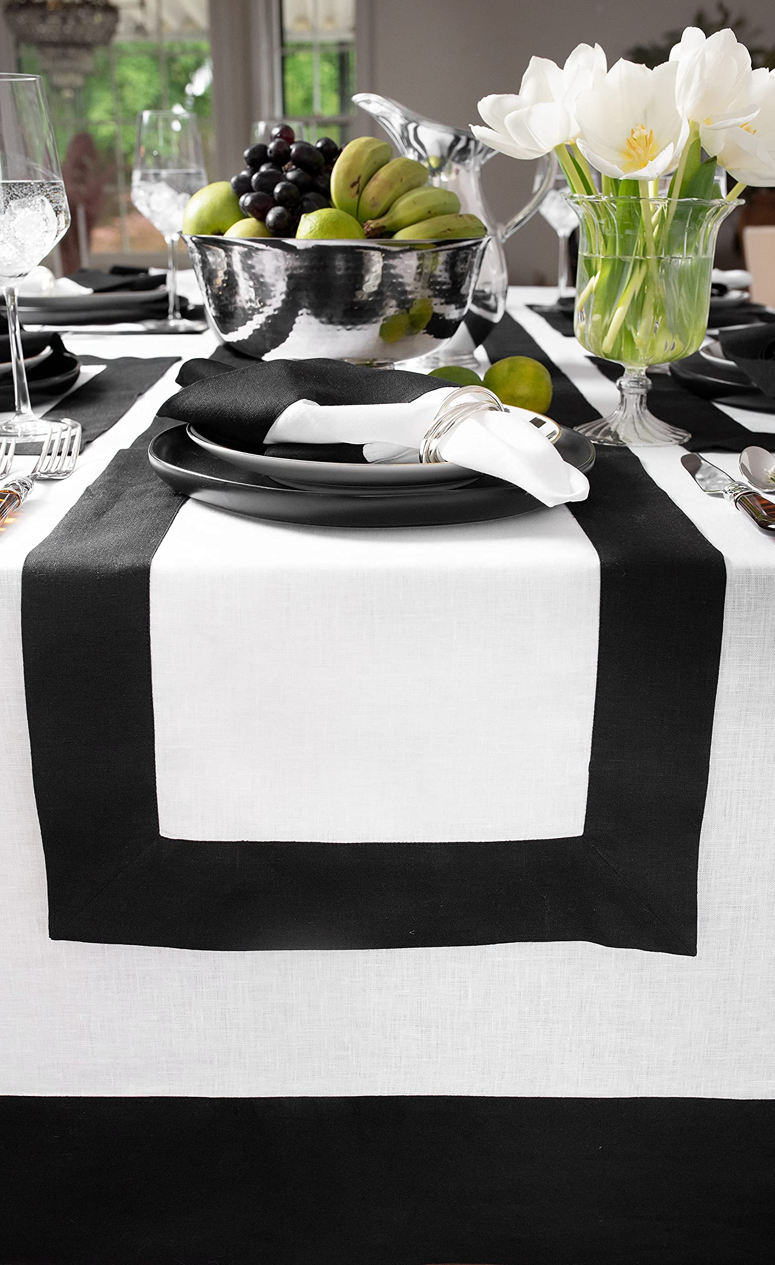 Solino Home Linen Table Runner 14 X 48 Inch - 100% Pure Linen Black And White Table Runner For Spring, Summer, Dining, Party - C