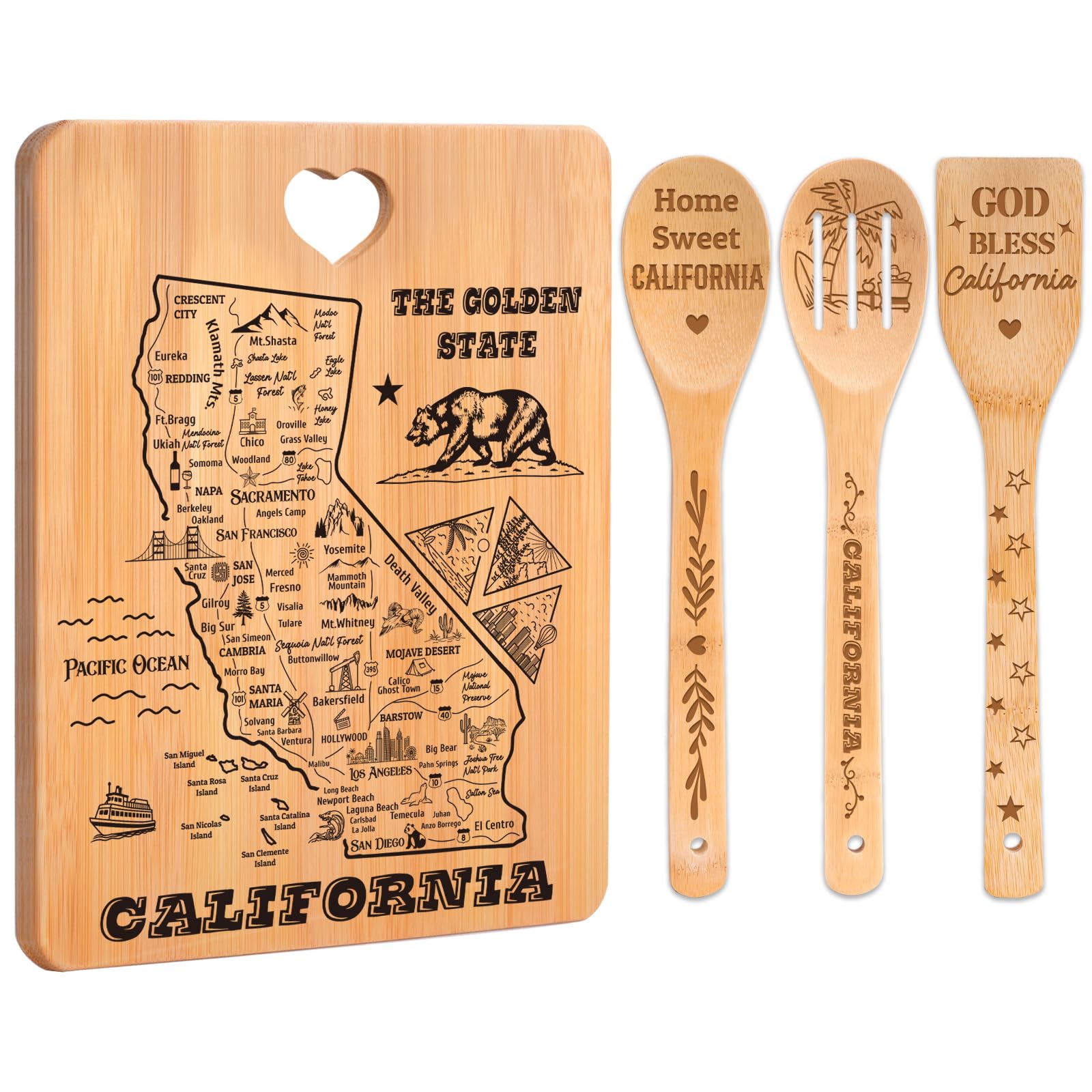 California State Cutting Board and Spoons Set, California Kitchen Decor with State Map Design, Charcuterie and Serving Board, Ho