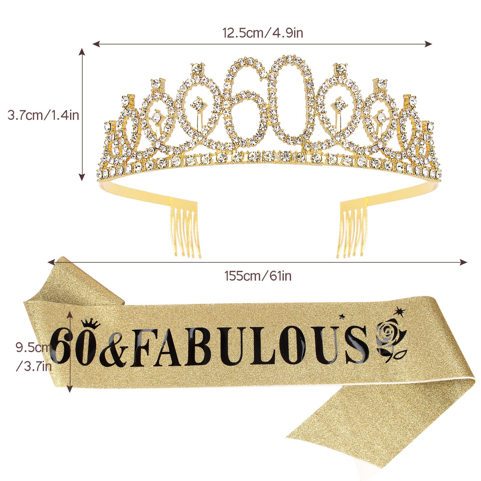 Casoty 60Th Birthday Sash And Tiara For Women, Gold Crown 60 And Fabulous Sash & Crown Set, 60Th Birthday Gifts For Women, 60Th
