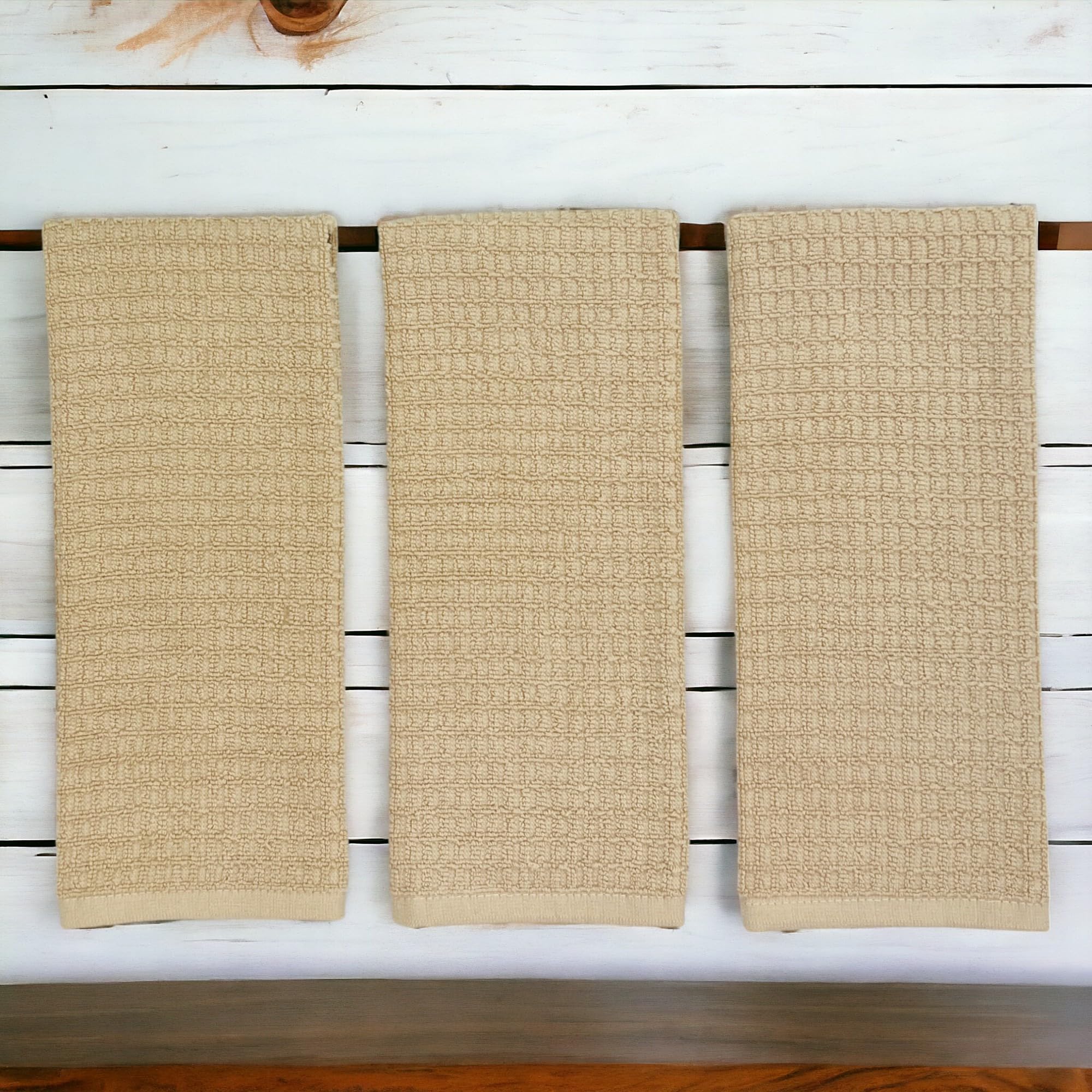 Tan Beige Kitchen Dish Hand Towels 100% Cotton Waffle Cloth Soft Cleaning Drying Absorbent Terry Box Loop: Set Of 3 Multipurpose