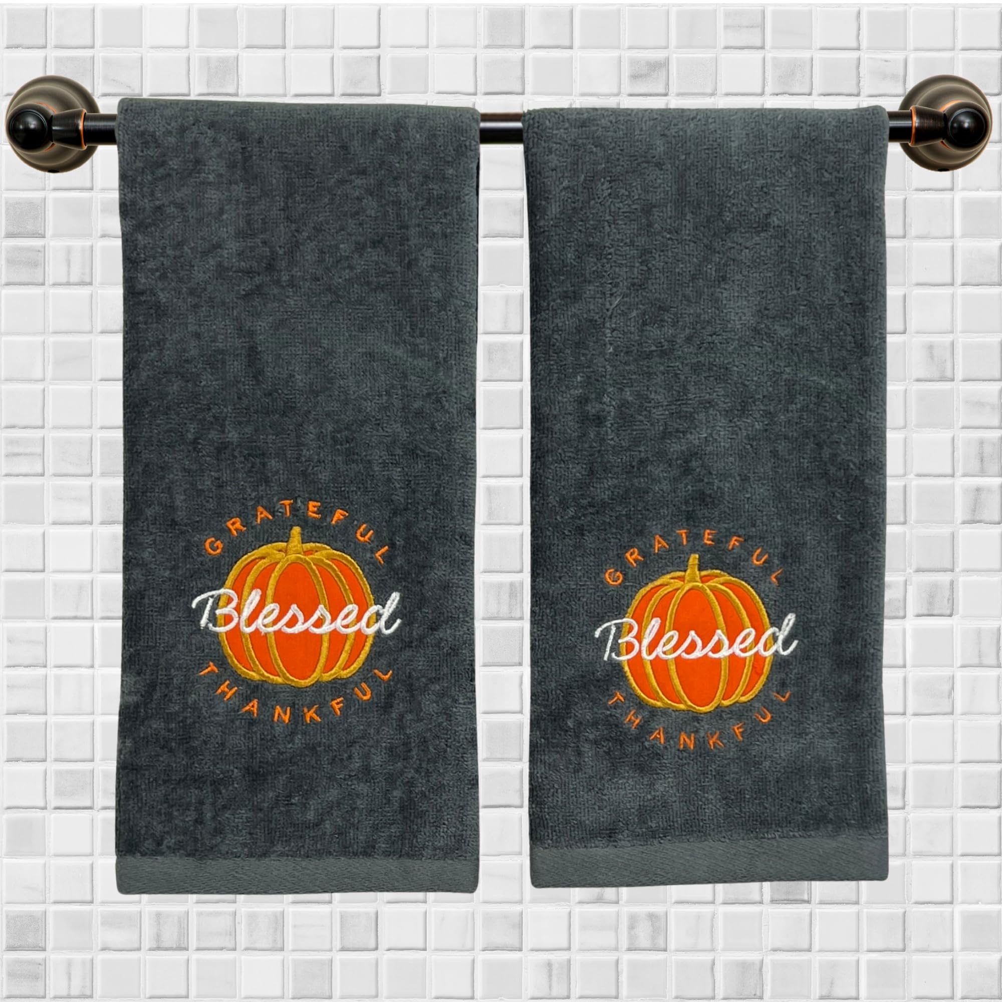 Serafina Home Fall Hand Towels: Grateful Thankful Blessed Orange Pumpkin Embroidery On Grey Cotton, 2 Piece Set, 16'' X 25'' Inc