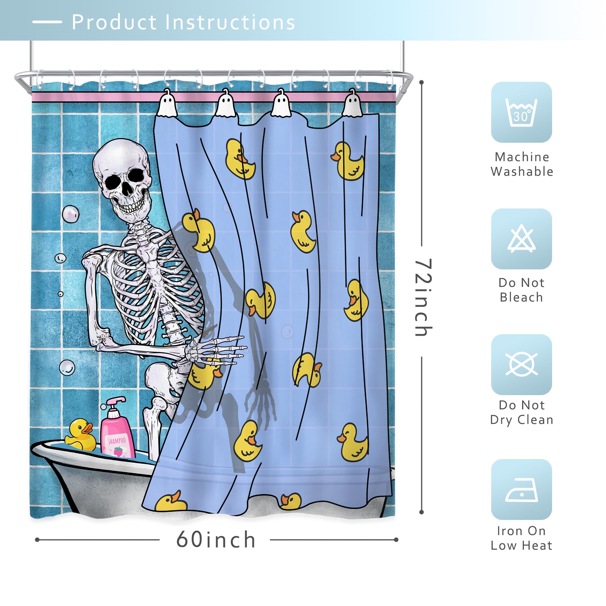 Riyidecor Funny Shower Curtain 60Wx72H Inch Kids Gothic Skull Skeleton In Bathtub Bathing Spooky Yellow Rubber Duck Cool Hilario