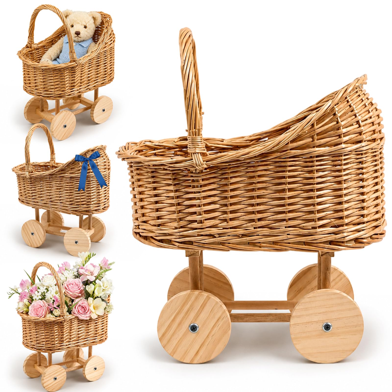 BruinBang 15 Inch Wicker Baby Carriage Handmade Wicker Stroller