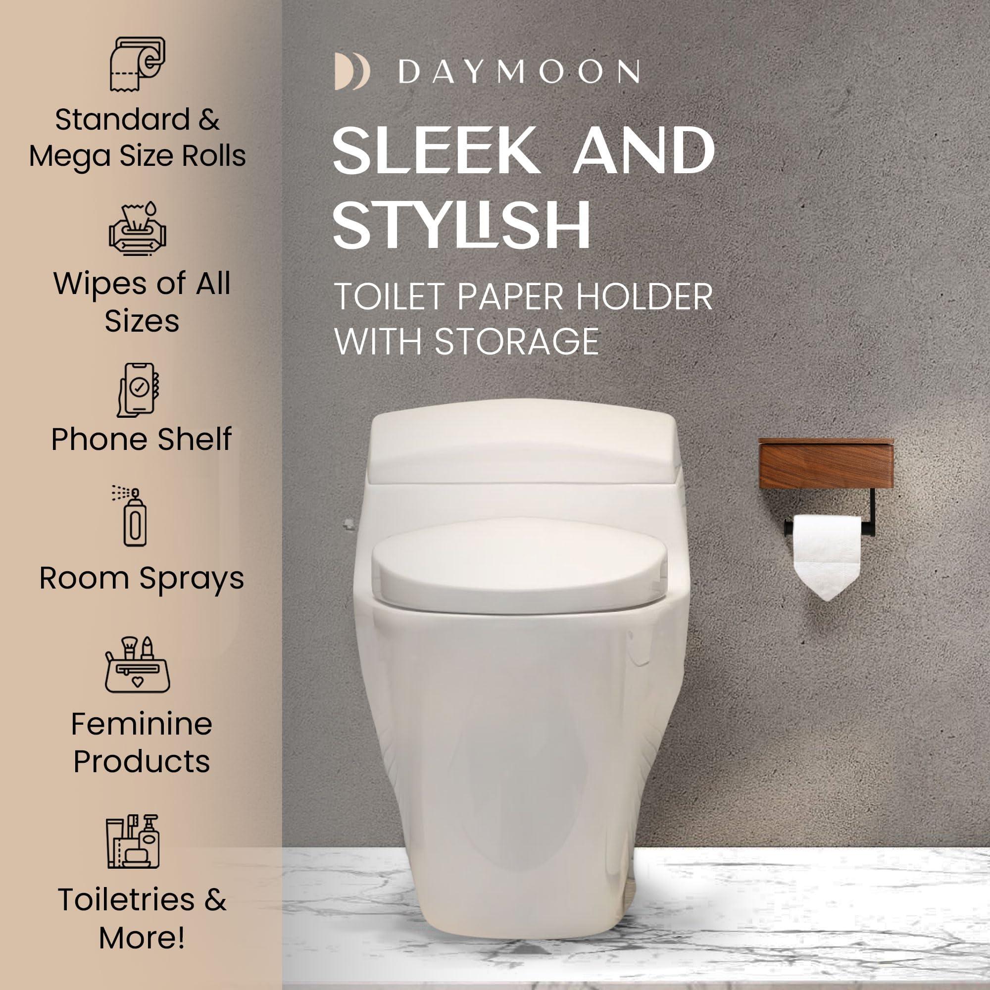 Day Moon Designs Wood Toilet Paper Holder-Wooden Wall Mount Toilet Paper Holder with Shelf as Flushable Wipes Dispenser Bathroom Storage Phone Holder Box Restroom Storage  Black Walnut Wood Dark Wood