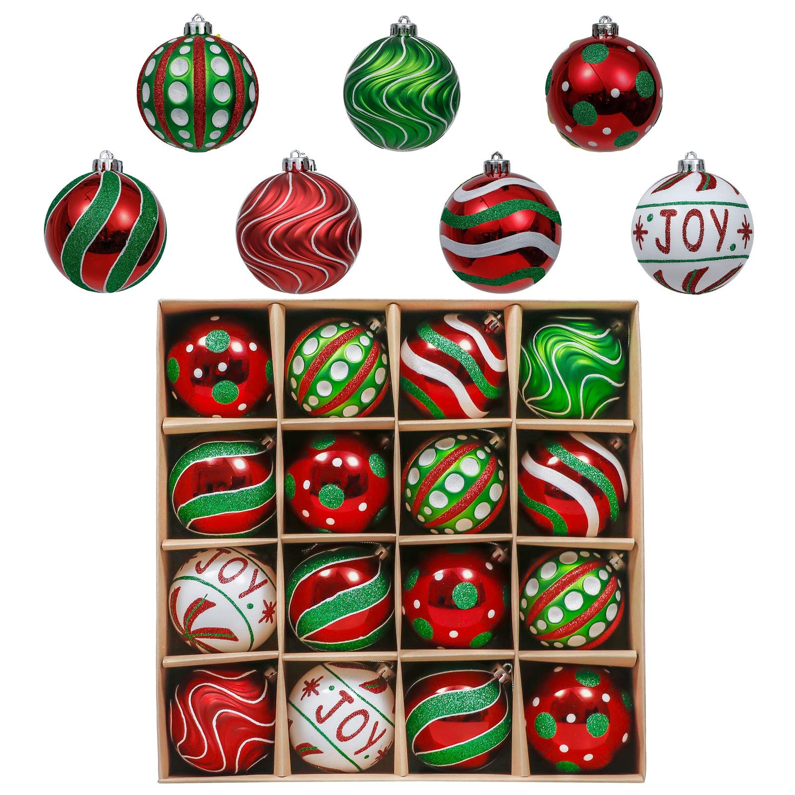 Valery Madelyn Christmas Ornaments Set, 16ct Red Green White Shatterproof Christmas Tree Decorations Ball Ornaments Bulk, 3.15 I