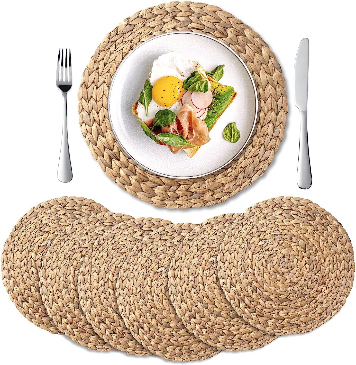 6 Pack, Round Woven Placemats, Natural Water Hyacinth Place Mats, Braided Straw Table Mats For Dining Table, Christmas Placemats
