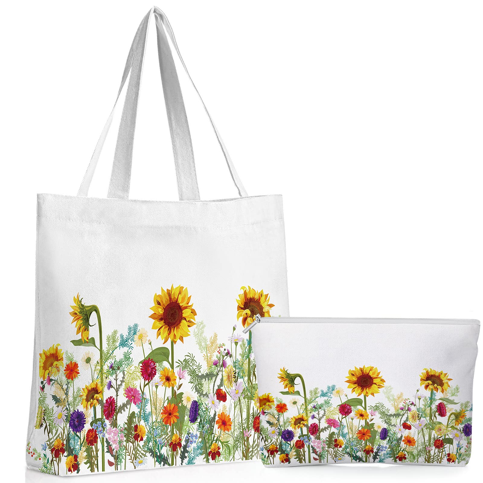 Sadnyy 2 Pcs Sunflower Canvas Tote Bags For Women Cute Aesthetic Floral Makeup Bags Gift For Valentine Shopping Travel Work Gym