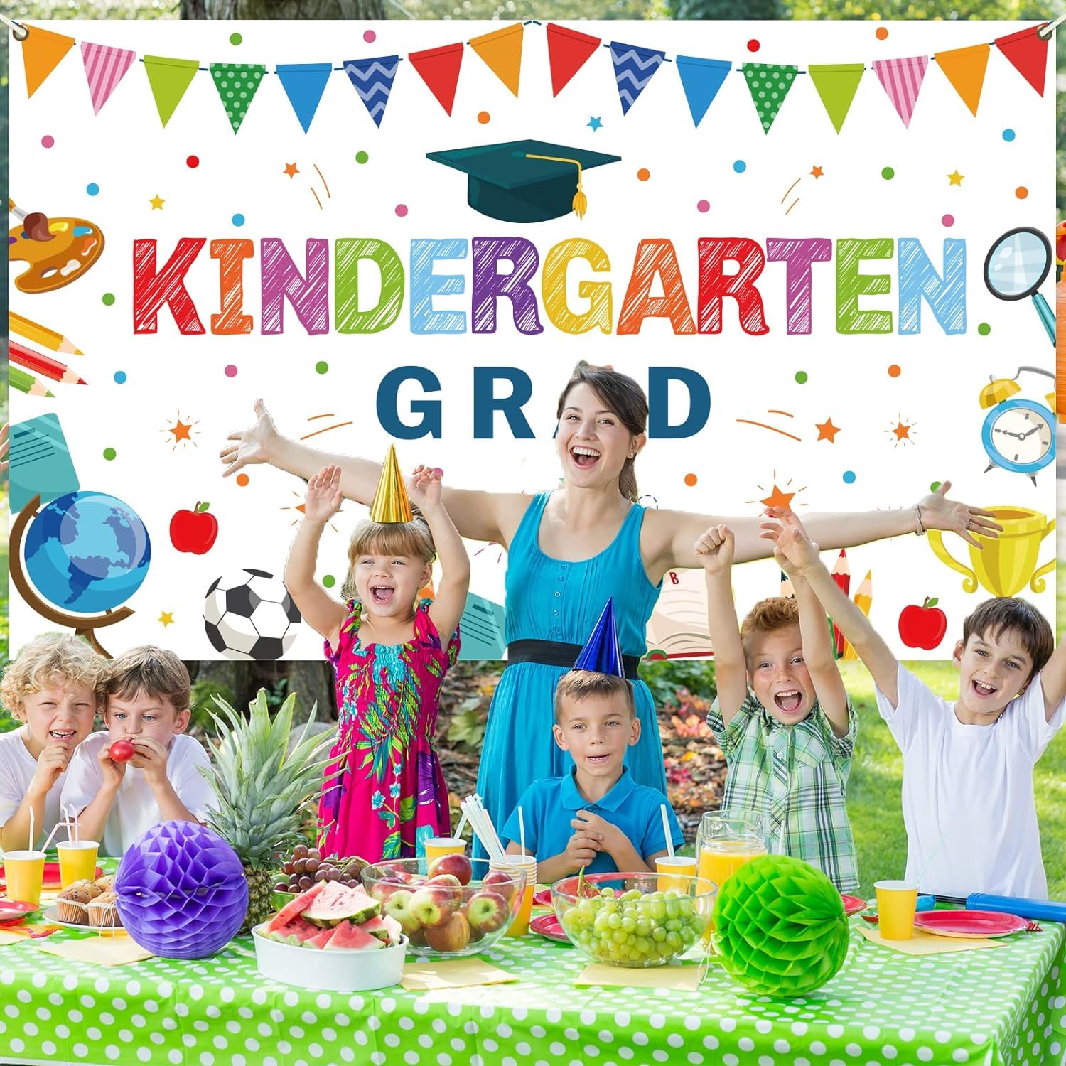 Kindergarten Graduation Party Decorations Backdrop Preschool Graduate Banner for Kids Pre-K Congrats Grad Background Class of 2023 Ceremony Supplies Grad School Prom Party Favors (White)