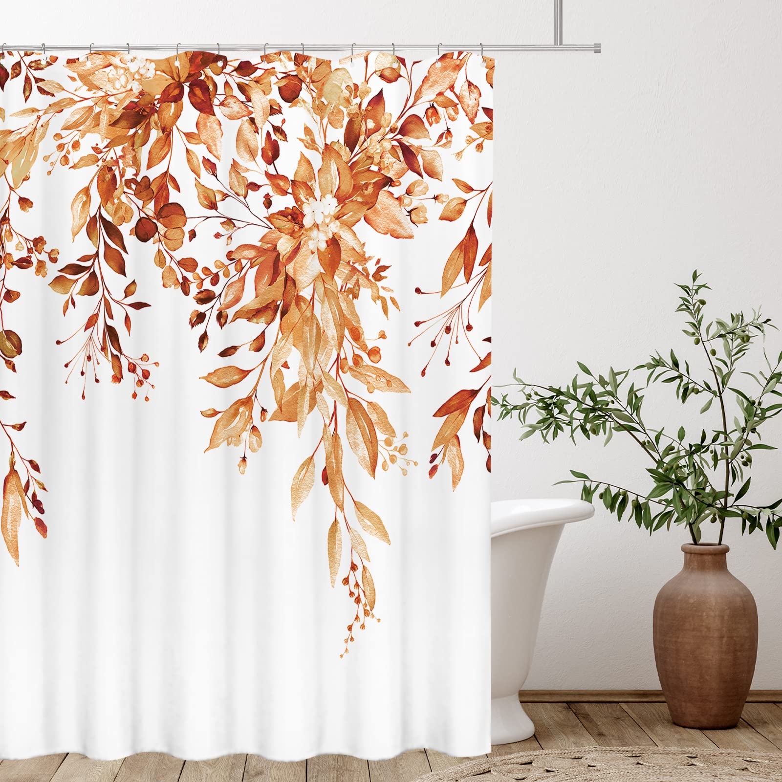 Tititex Orange Eucalyptus Shower Curtain Sets, Watercolor Leaves On The Top Plant With Floral Bathroom Decoration 60X72 Inch Wit