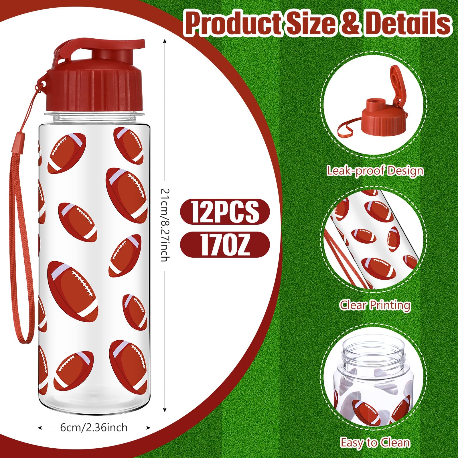Funnymoom 12 Pcs Football Water Bottles Bulk 17 oz Football Sports Bottle with Leak Proof Flip Top Reusable Plastic Water Bottle