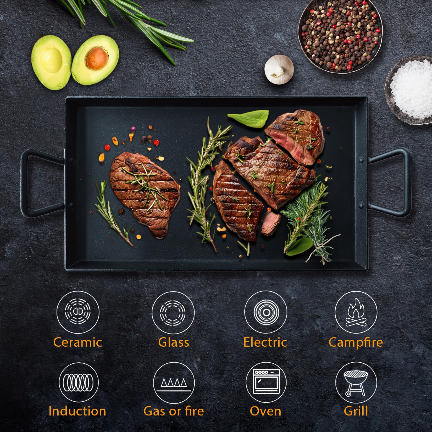 Keleday Cast Iron Griddle Pan - Pre-Seasoned, Non-Stick, 17.68"x10", Black, Square for Indoor/Outdoor Cooking