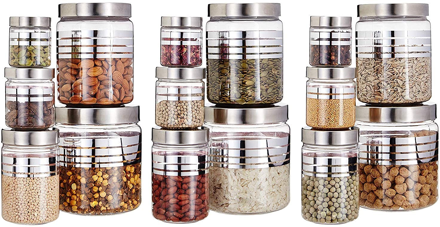 Gpet Silver Line Containers  1500 Ml, 1000 Ml, 450 Ml, 200 Ml, 100 Ml Plastic Grocery Container (Pack Of 15, Silver)Plastic Gro