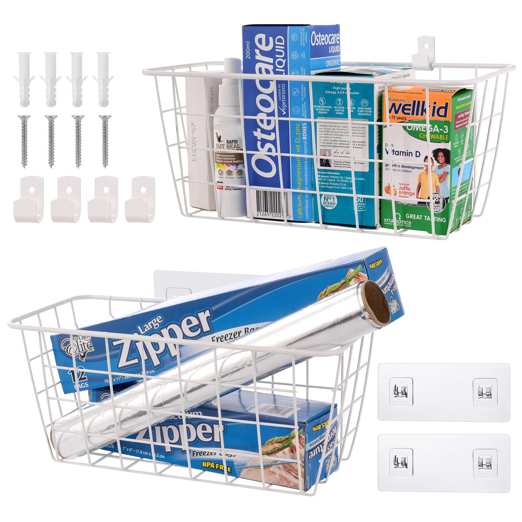 Wire Hanging Wall Basket, 2 White Metal Baskets, Adhesive Cabinet Organizer