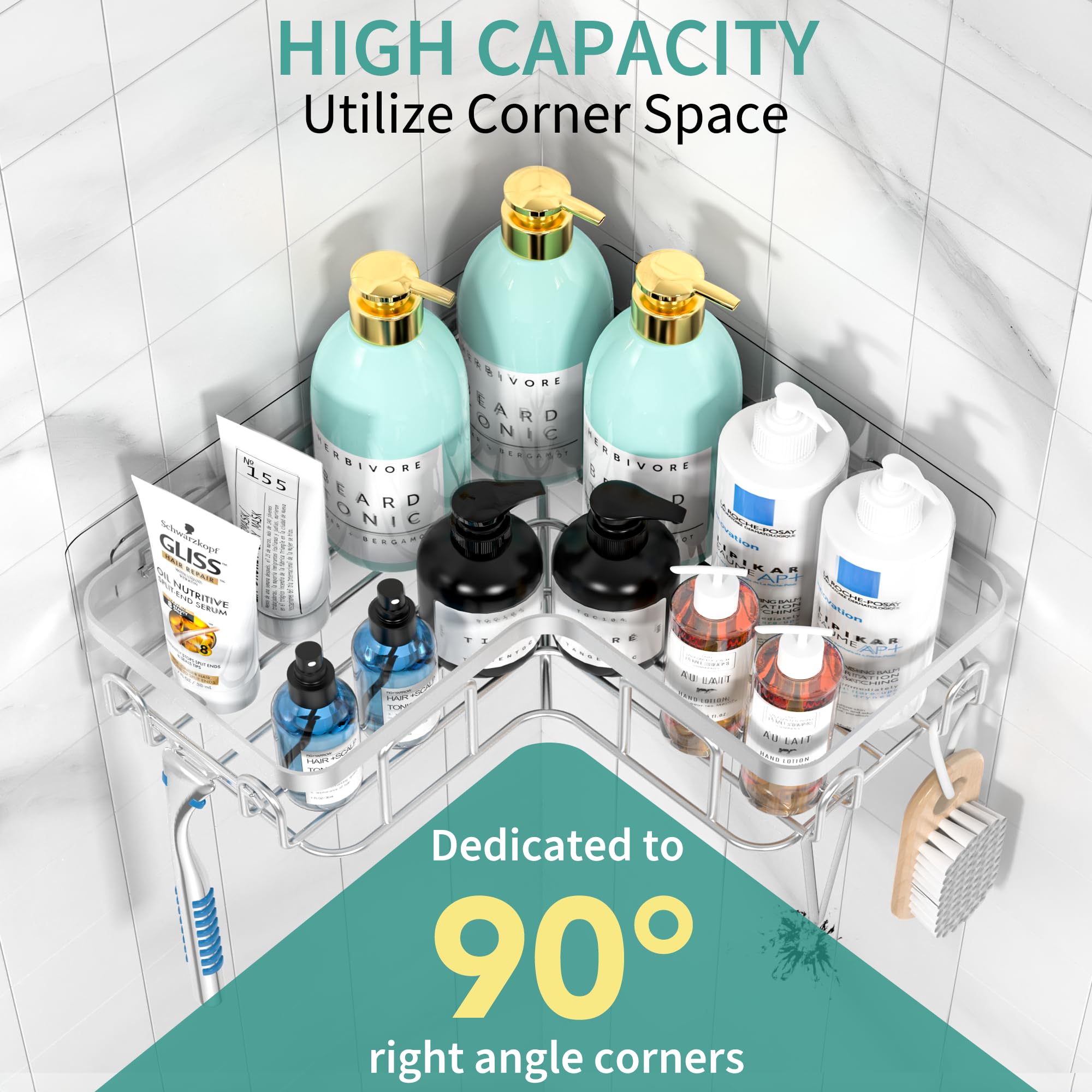 Moforoco Corner Shower Caddy, 3 Pack Shower Organizer Shelf With Soap Holder And 12 Hooks, Adhesive Shower Shelves Rustproof For