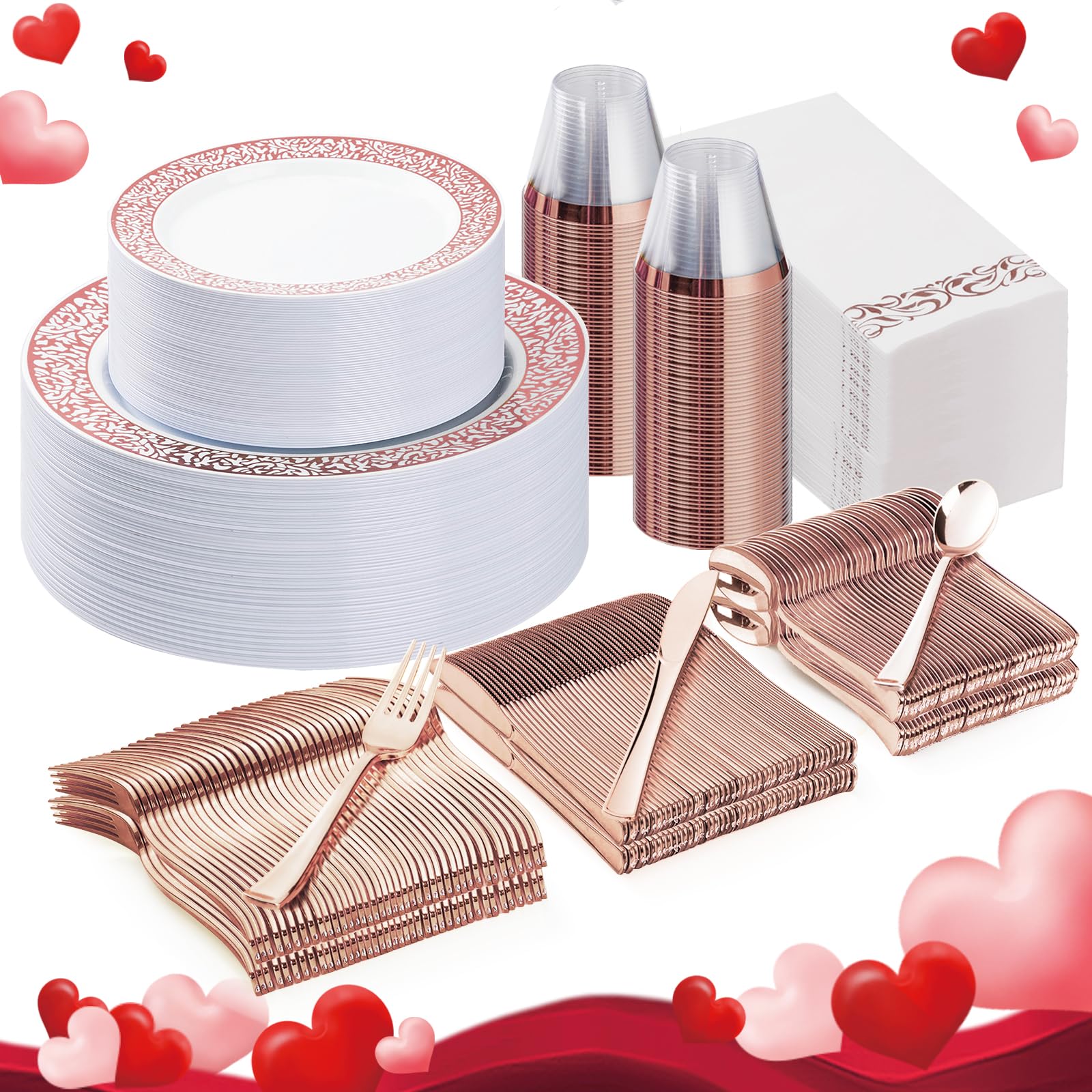 Bestluck 350Pcs Rose Gold Plastic Dinnerware Set For 50 Guests, Disposable Plates For Valentine'S Day, Include 50 Rose Gold Dinn