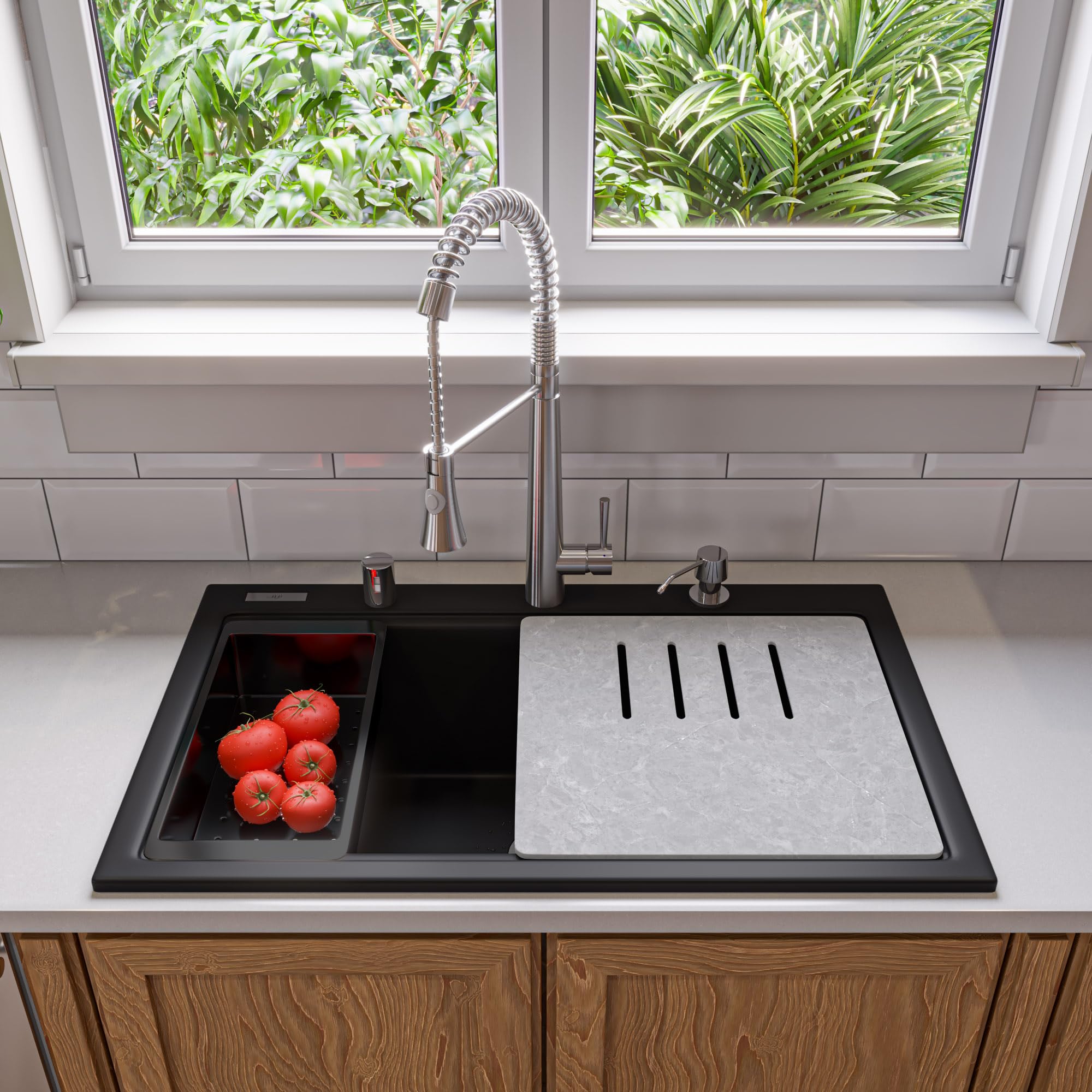 Alfi Brand Ab3418Sbdi-Bla Black 33'' Granite Composite Workstation Step Rim Single Bowl Drop In Sink With Accessories
