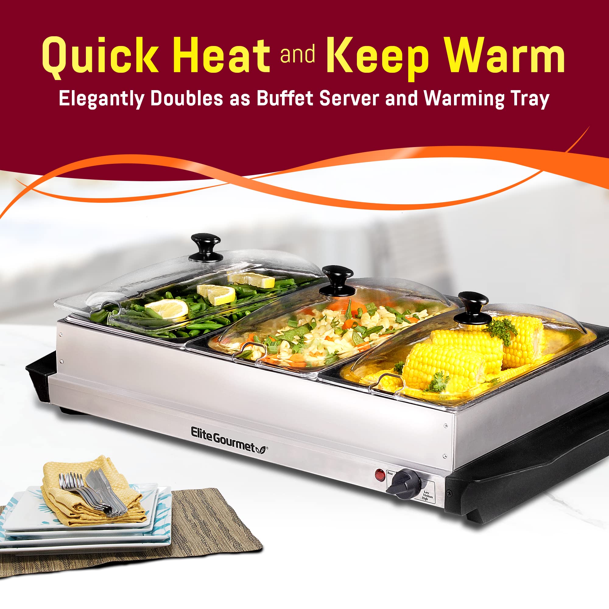 Elite Gourmet Ewm-6171# Triple 3 X 2.5 Qt. Trays, Buffet Server, Food Warmer Temperature Control, Clear Slotted Lids, Perfect Fo
