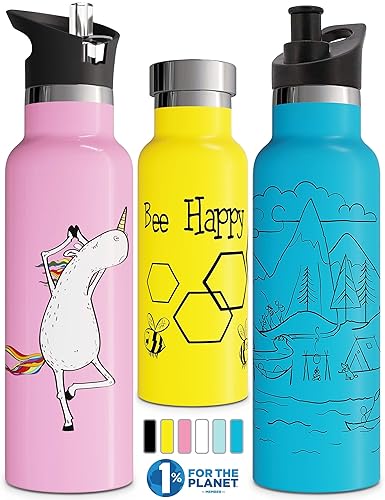 Involve & Evolve Insulated Water Bottle with 3 Lids (Straw Lid) Kids Reusable Double Walled Stainless Steel Flask Metal Bee Happy Thermos 12oz 17oz 20oz 25oz (20 oz  Yellow)