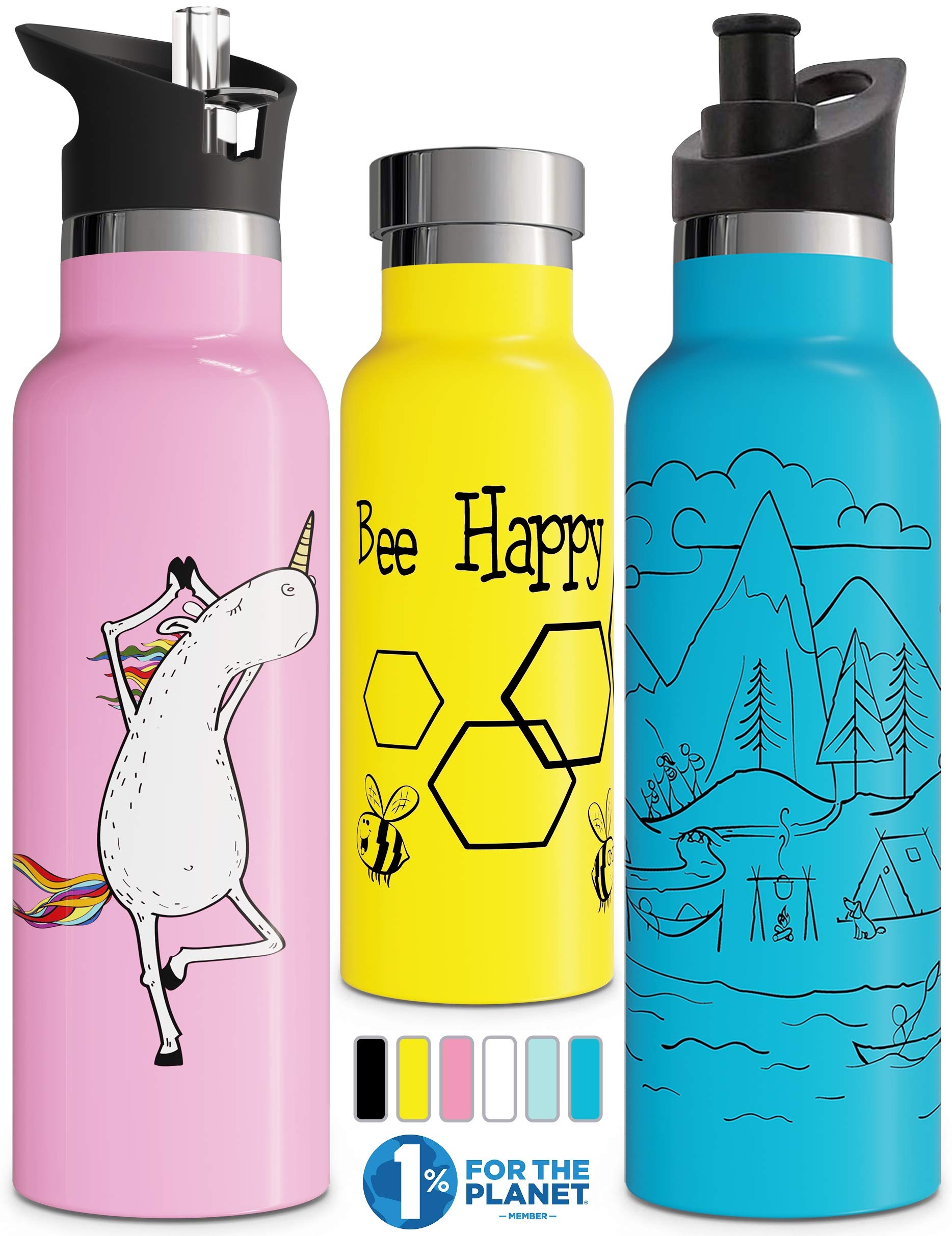 Involve & Evolve Insulated Water Bottle With 3 Lids (Straw Lid) Kids Reusable Double Walled Stainless Steel Flask Metal Bee Happ