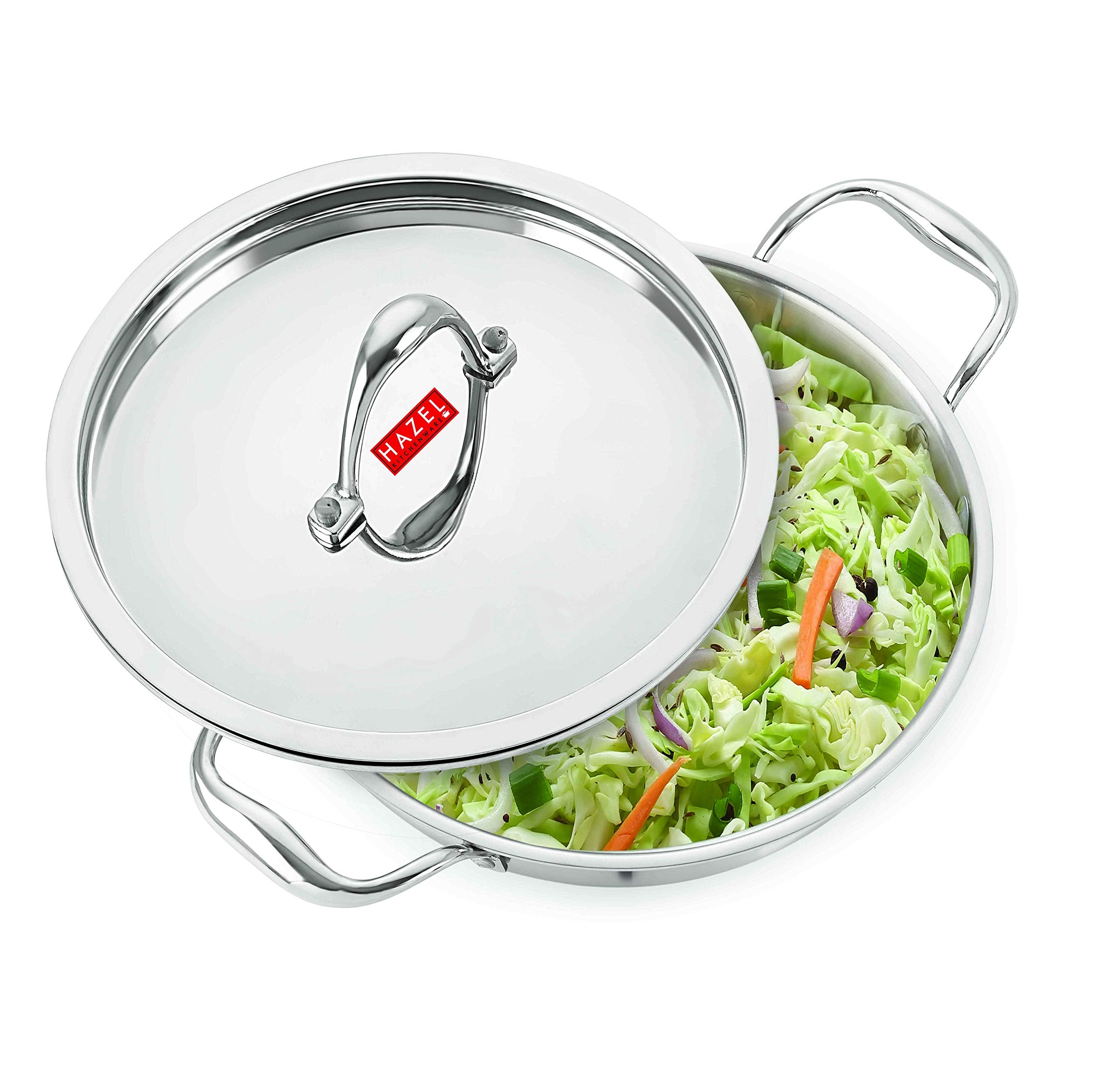 Hazel Tri Ply Stainless Steel Deep Pan With Lid |Triply Cookware Kadai With Induction Base For Cooking & Serving (101.5 Fl.Oz.)
