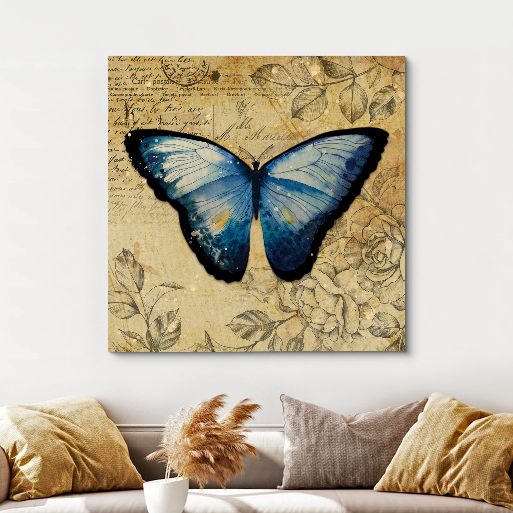 Wall26 Canvas Print Wall Art Blue Monarch Butterfly Floral Pattern Nature Wilderness Rustic Modern Art Farmhouse Decorative Anim