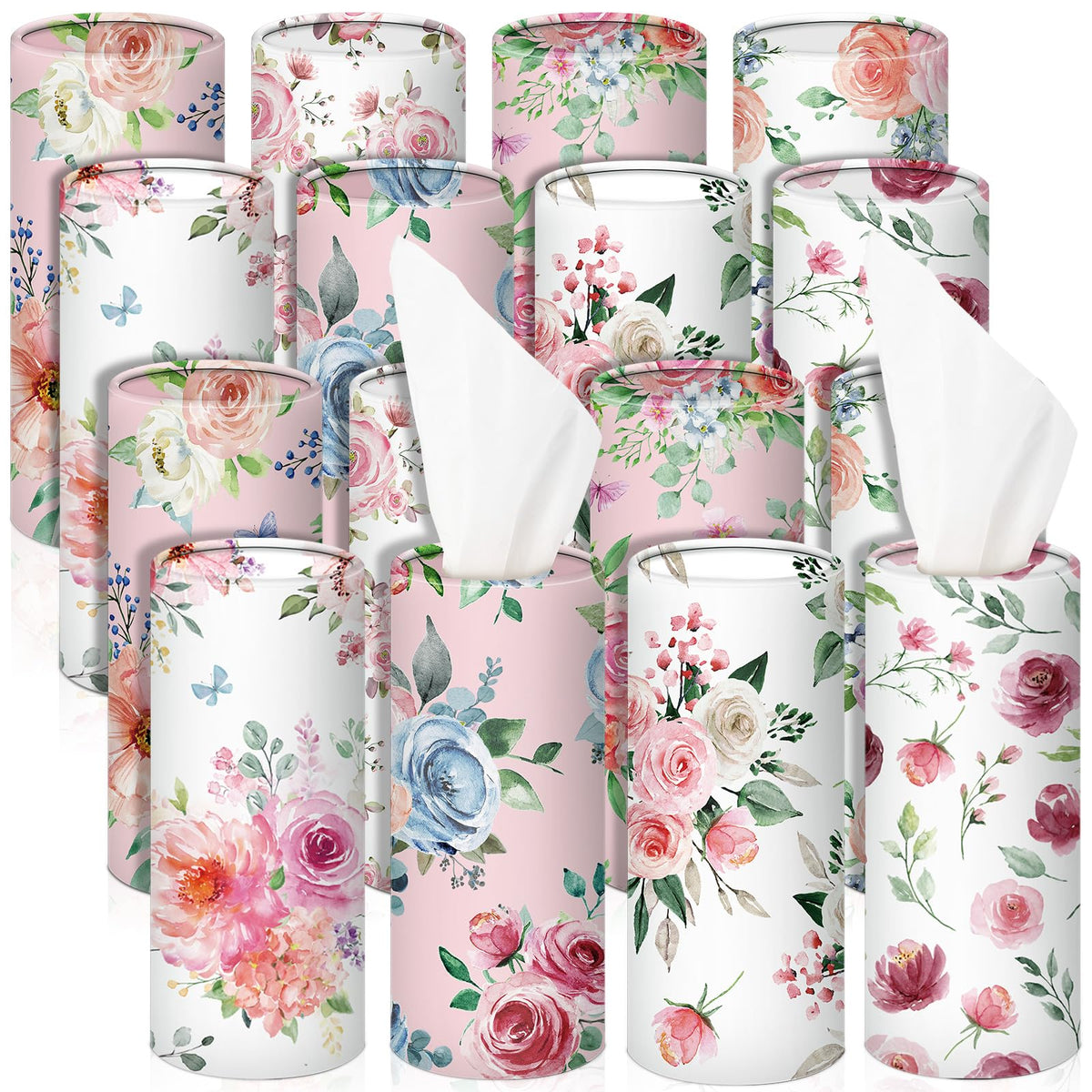 Ctosree 16 Pcs Car Tissue Cylinder With Facial Tissue Bulk Round Floral Car Tissue Holder Cylinder Tube Tissue Tubes Round Tissu
