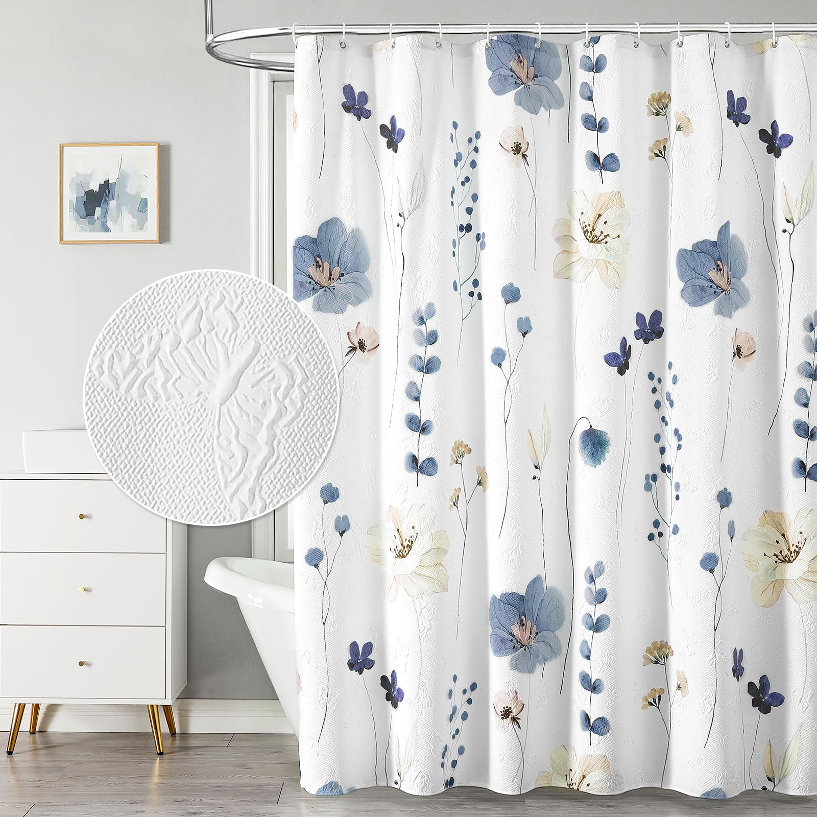 Qiyi Watercolor Floral Shower Curtain, 3D Embossed Butterflies Grey Beige Flower Bathroom Curtain, Minimalist White Cloth Bath C