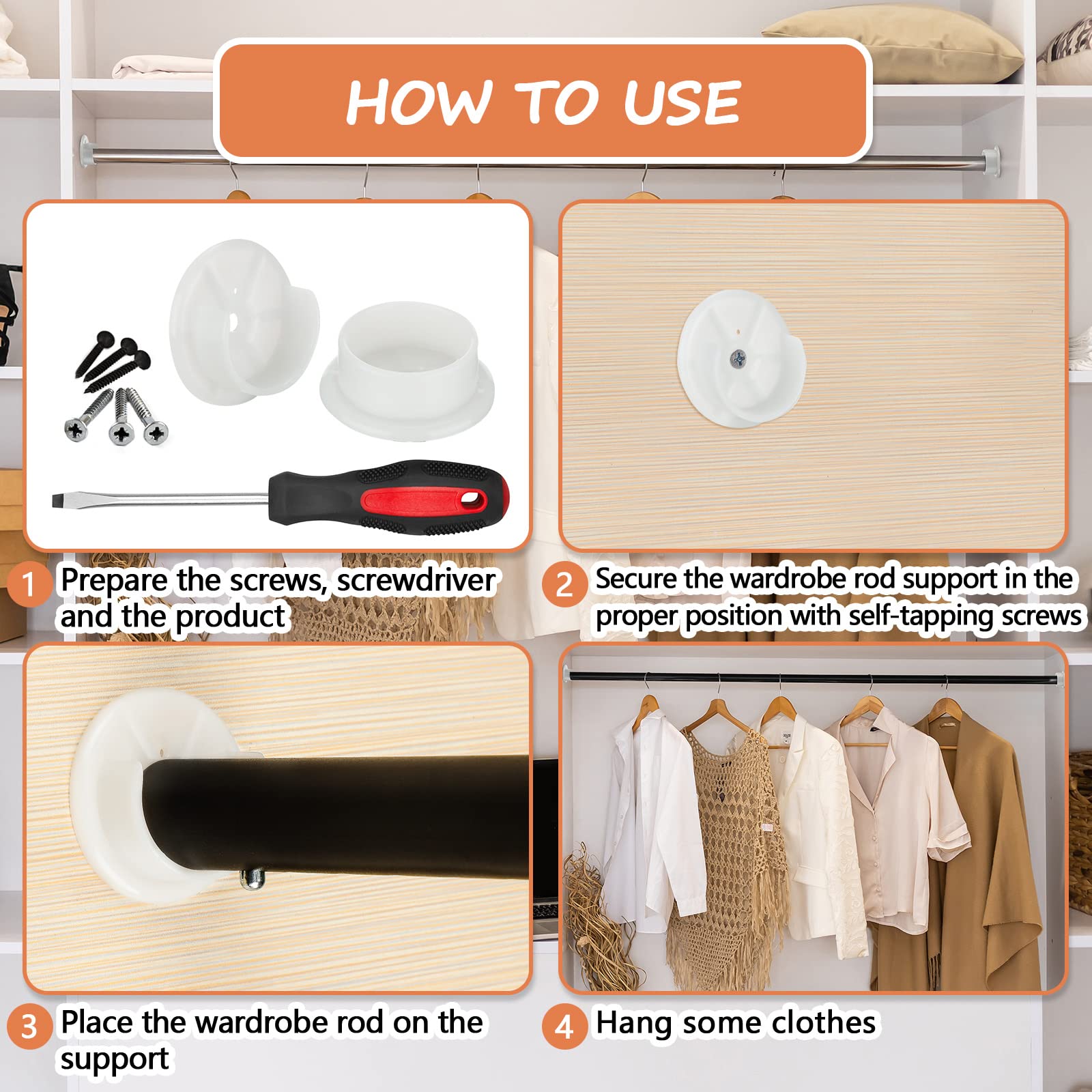 16 Pcs Plastic Closet Pole Socket White Closet Rod Holders Closet Rod Bracket Shower Rod Holders Wardrobe Tube Support For Bathr