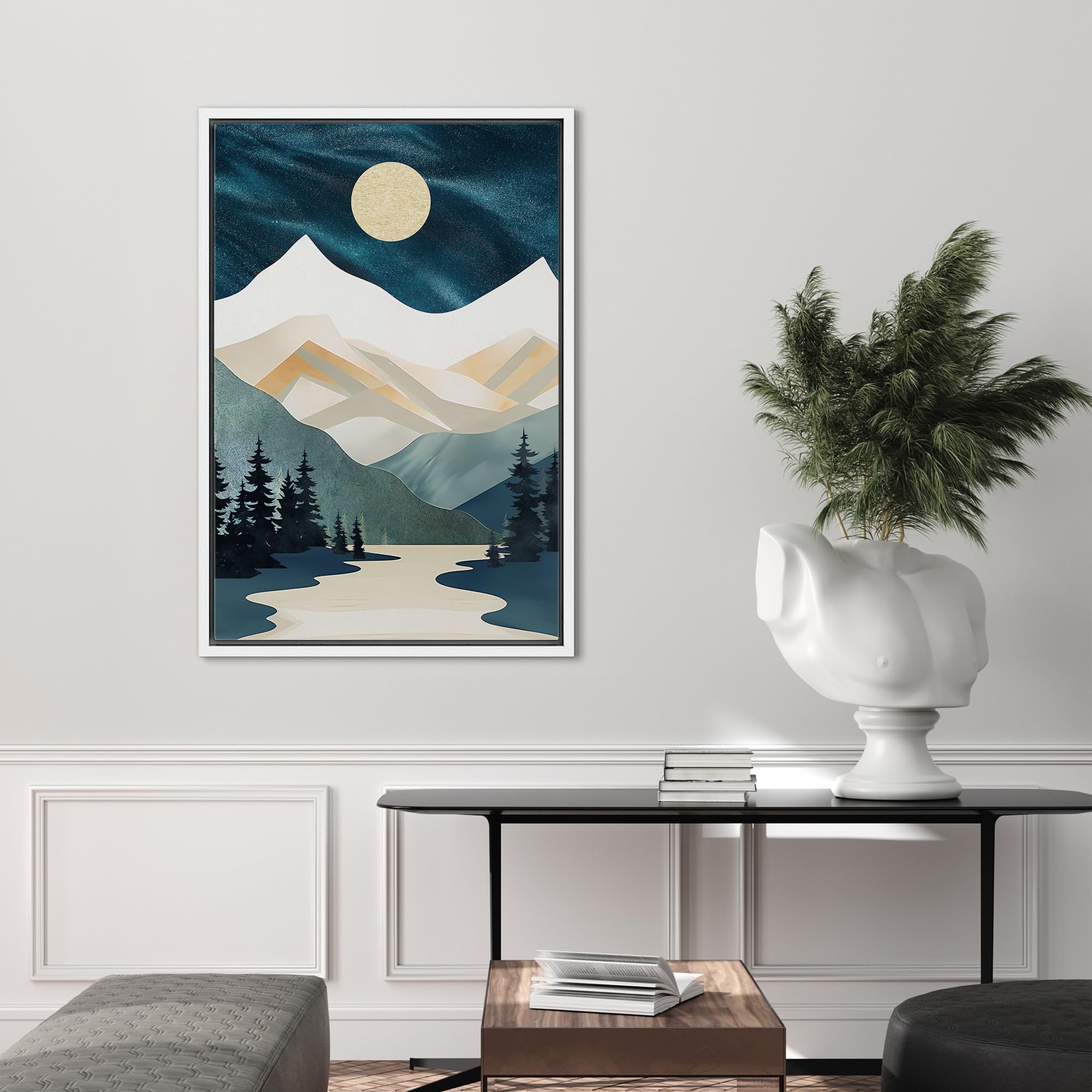 Signford Framed Canvas Print Wall Art Navy Blue Midnight Sky Moon Mountain Range Nature Wilderness Illustrations Decorative Bohe
