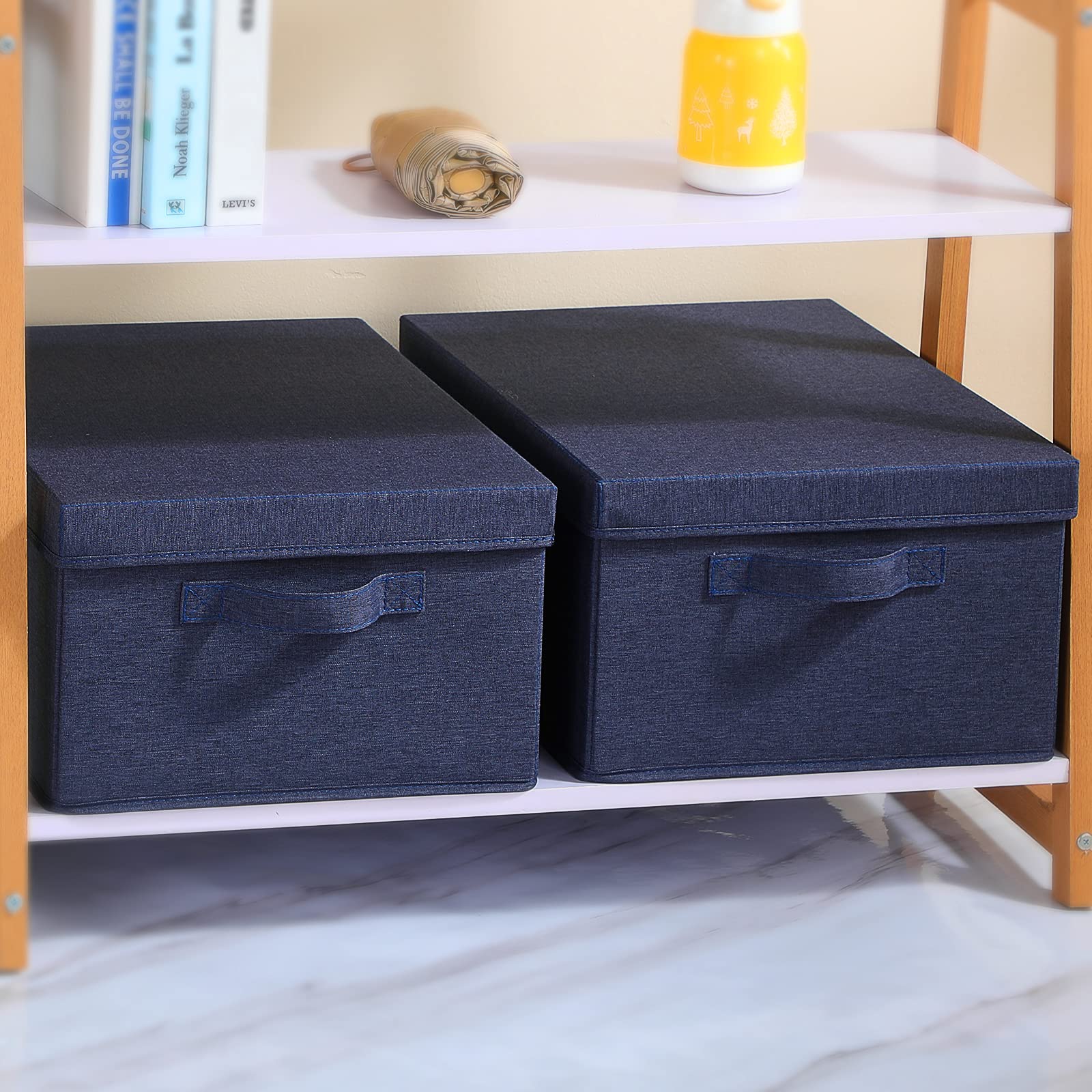 HOONEX Foldable Storage Bins with Lids  Pack of 2  Storage Boxes with 2 Carrying Handles and Study Heavy Cardboard  16.5'' L x 11.8'' W x 7.5'' H for Toy  Clothes  Nursery  Blue