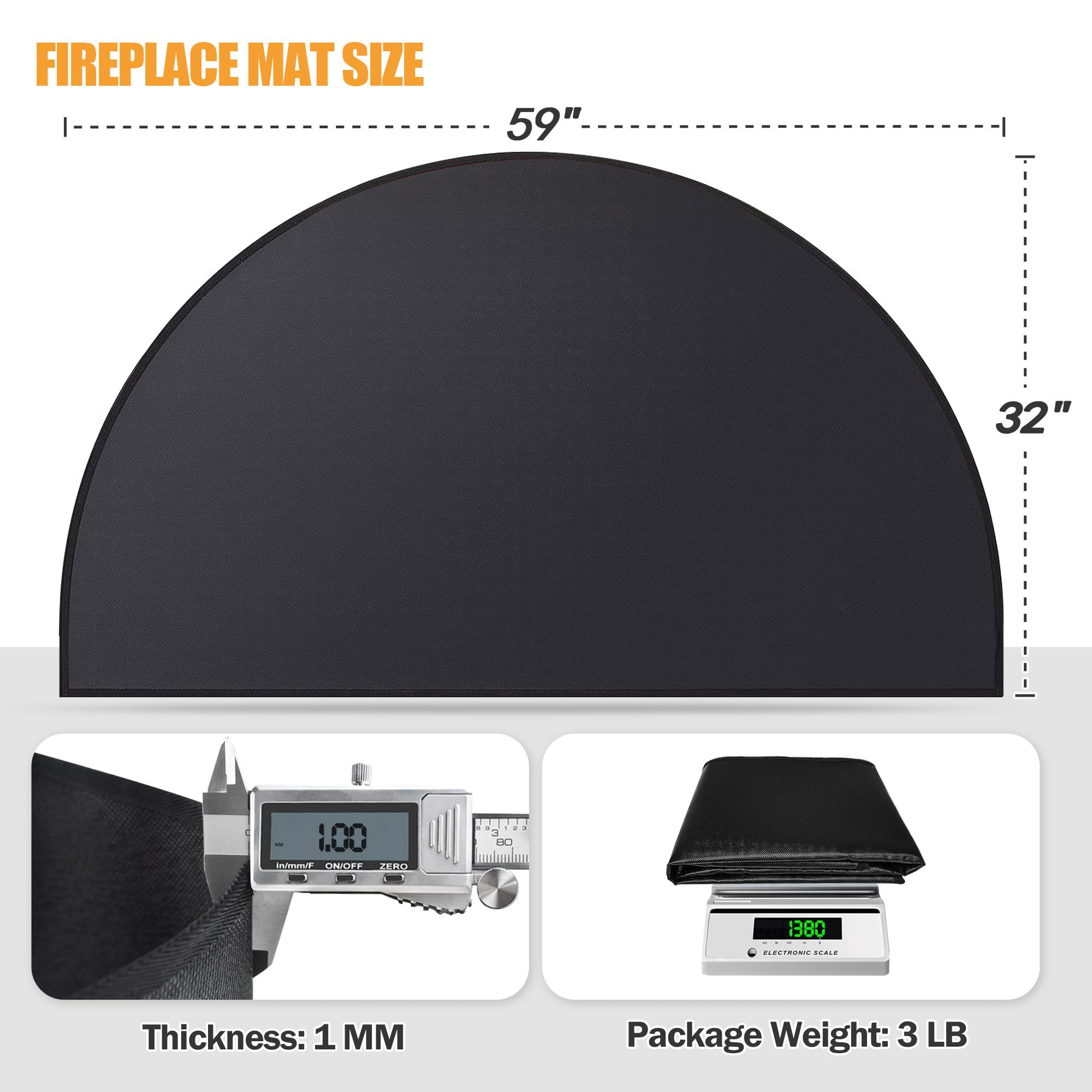 TOHONFOO Fireproof Hearth Rug, 59x32 inch Silicone Coated Fiberglass, Black, Model HR-32-60-BK-1, Protects Floors from Sparks & Embers