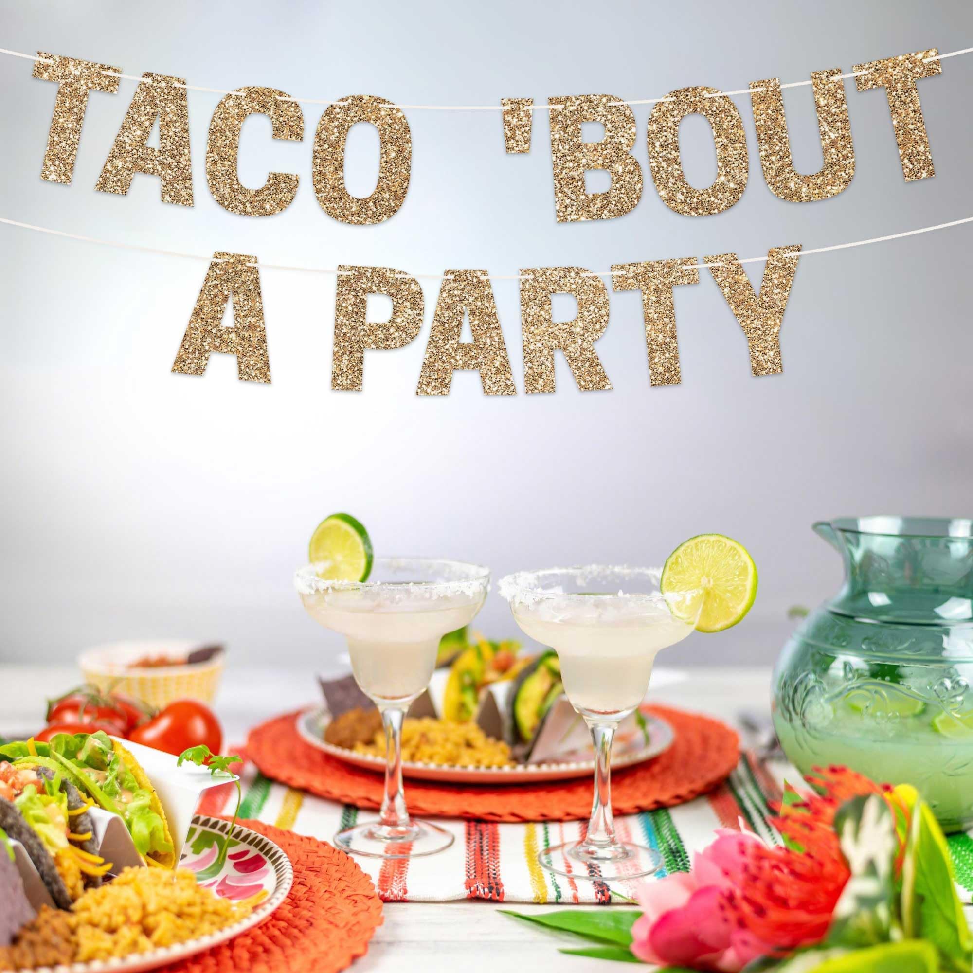 Pre-Strung Taco Bout A Party Banner - No Diy - Gold Glitter Taco Party Banner - Pre-Strung On 8 Ft Strand - Mexican Cinco De May