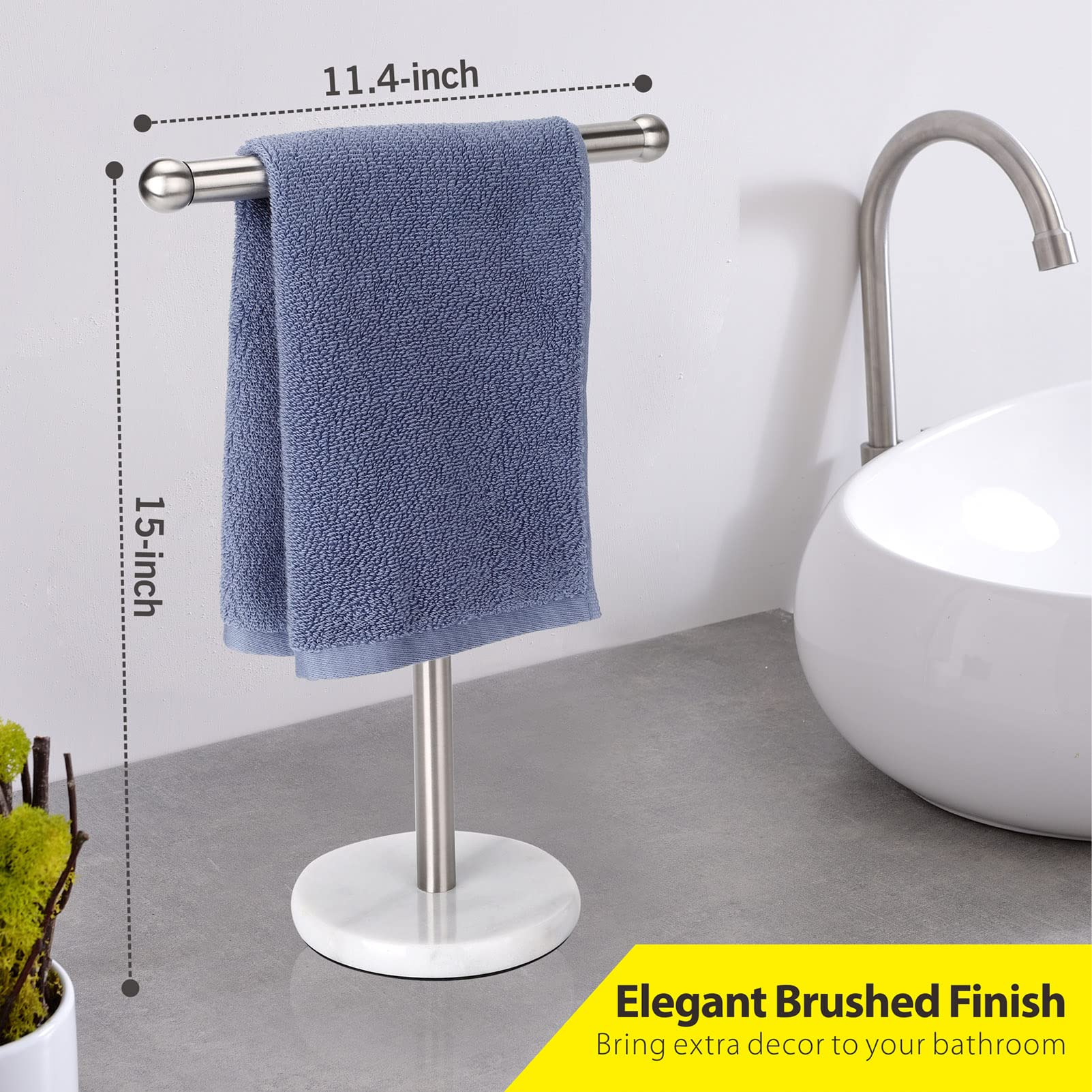 Hand Towel Holder Stand With Heavy Marble Base, T-Shape Towel Rack, Free-Standing For Bathroom Vanity Countertop, 304 Stainless