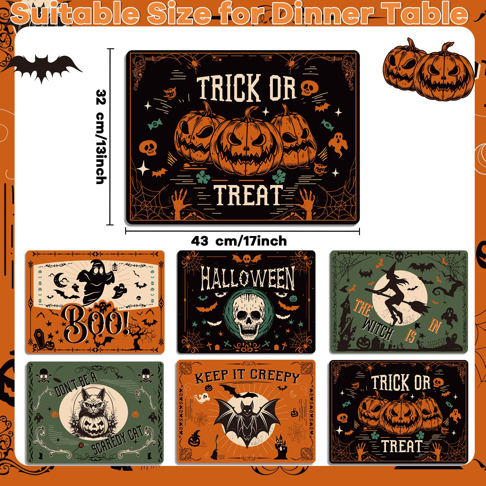 Halloween Placemats Set Of 6 Gothic Bat Plastic Place Mats Rectangle Pumpkin Witch Skull Ghost Table Mats Halloween Holiday Kitc