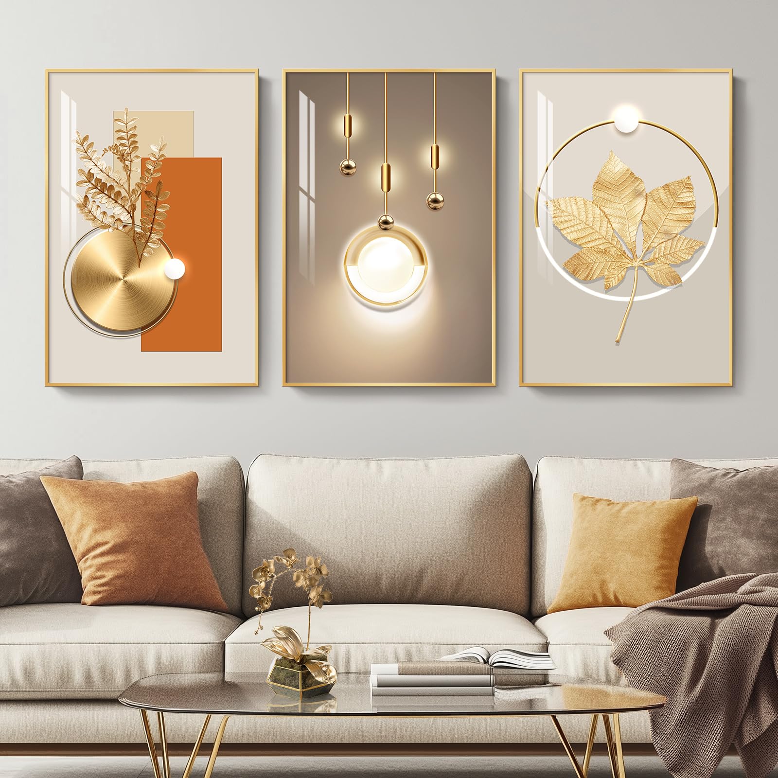 Framed Modern Luxury Gold Wall Art, Set Of 3 Piece Contemporary Paintings Artwork For Walls, Golden Prints Pictures With Gold Fr