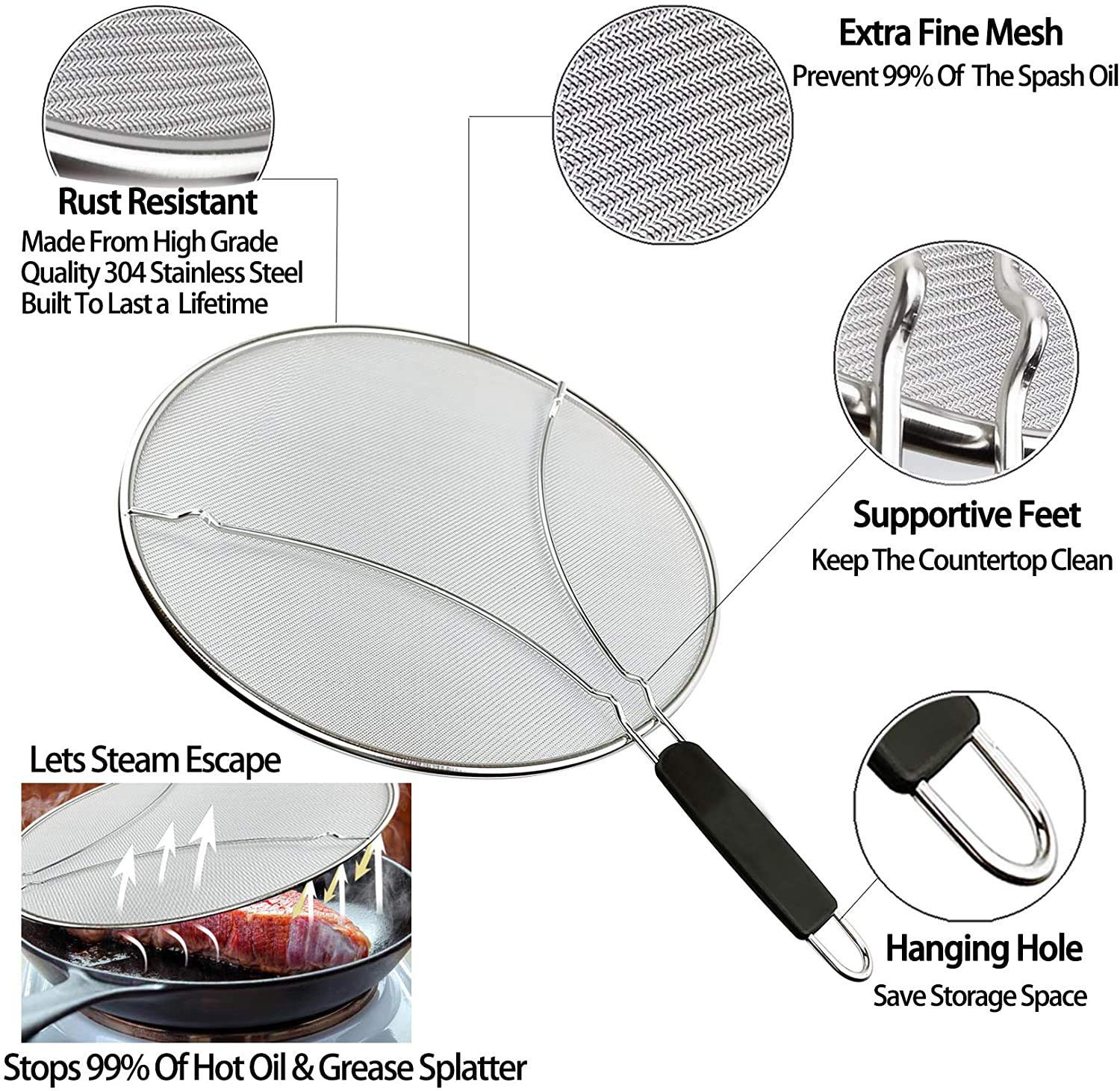 Large Splatter Screen For Frying Pan, 15 Inch Stainless Steel Grease Splatter Guard, Mesh Frying Screen Keeps Kitchen Clean And