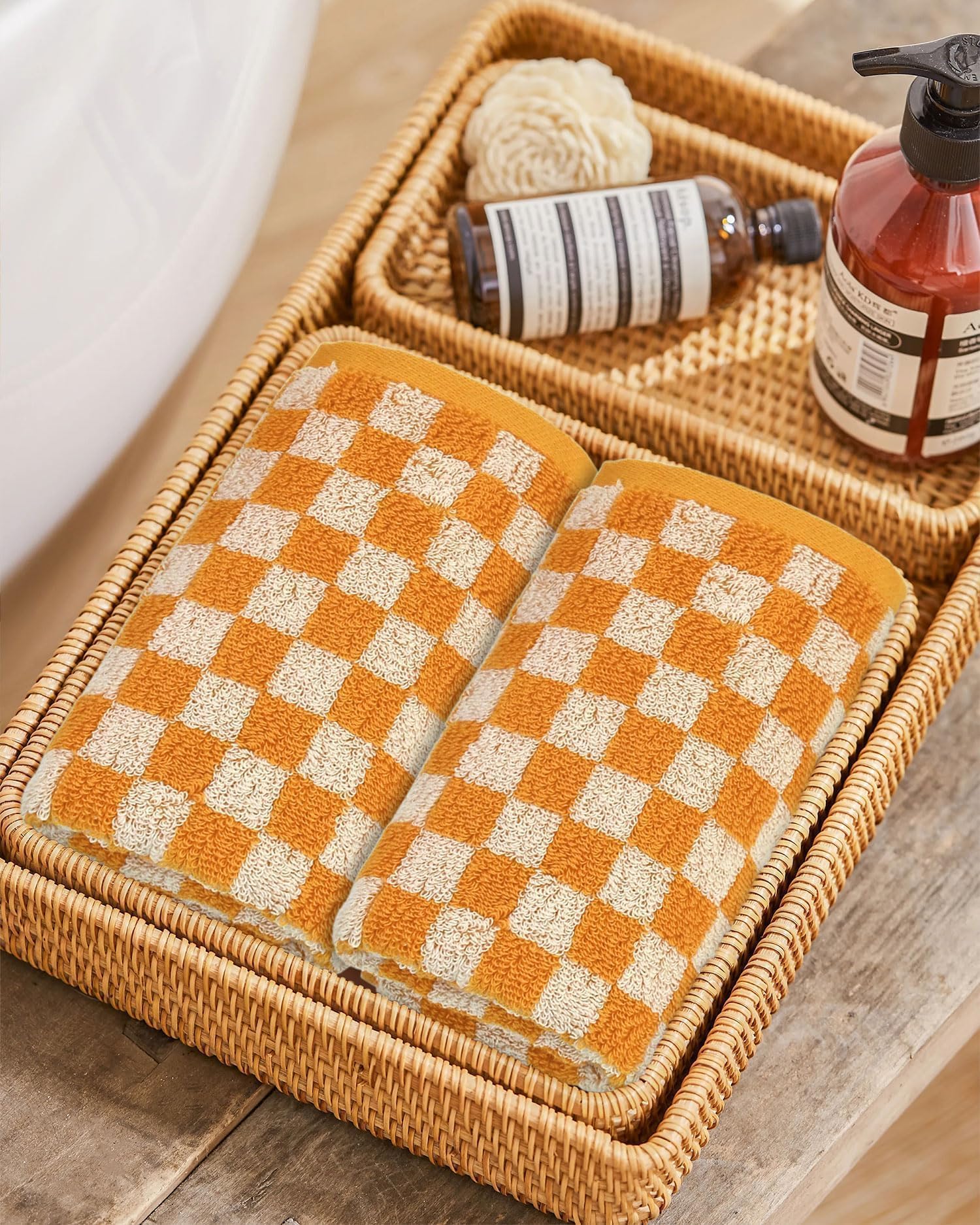 Jacquotha Soft Hand Towels 4 Pack, Orange Checkered Face Towel Set For Bathroom Kitchen, Fall Decorative Towel 13X29 Inches