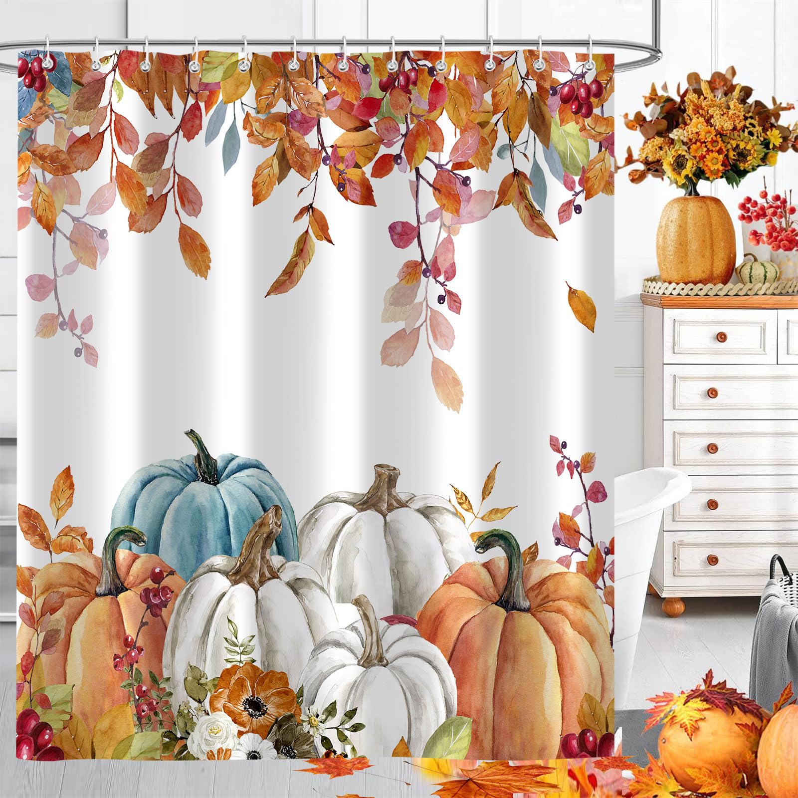 Paopoed Fall Pumpkin Shower Curtain, Thanksgiving Autumn Maple Leaves Watercolor Floral Harvest Boho Bathroom Curtains With Hook