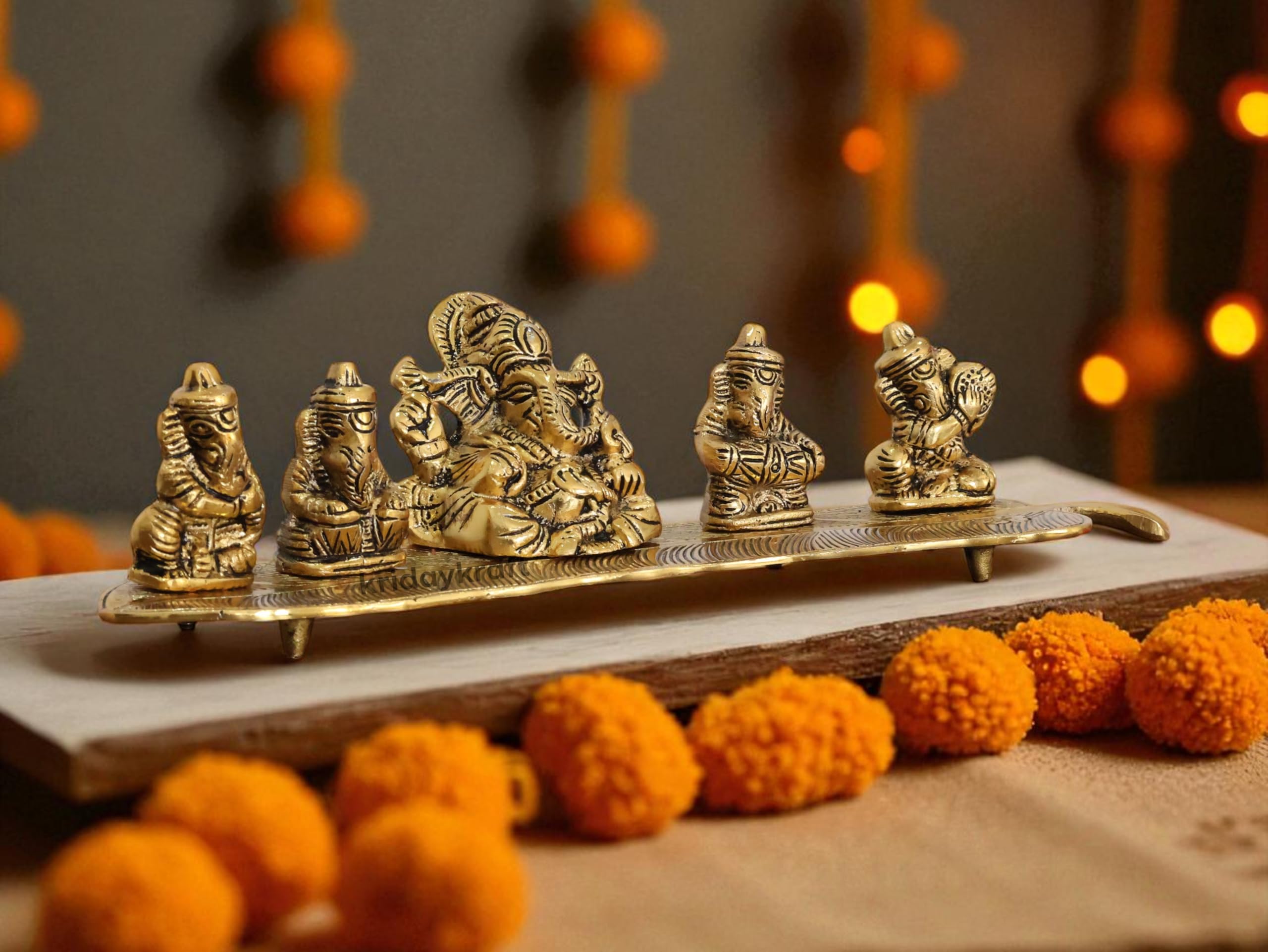 Kridaykraft White Metal Gold Plated Ganesha On Leaf With Musical Instrument Metal Statue For Pooja,Home & Office Dcor Ganesha Mu