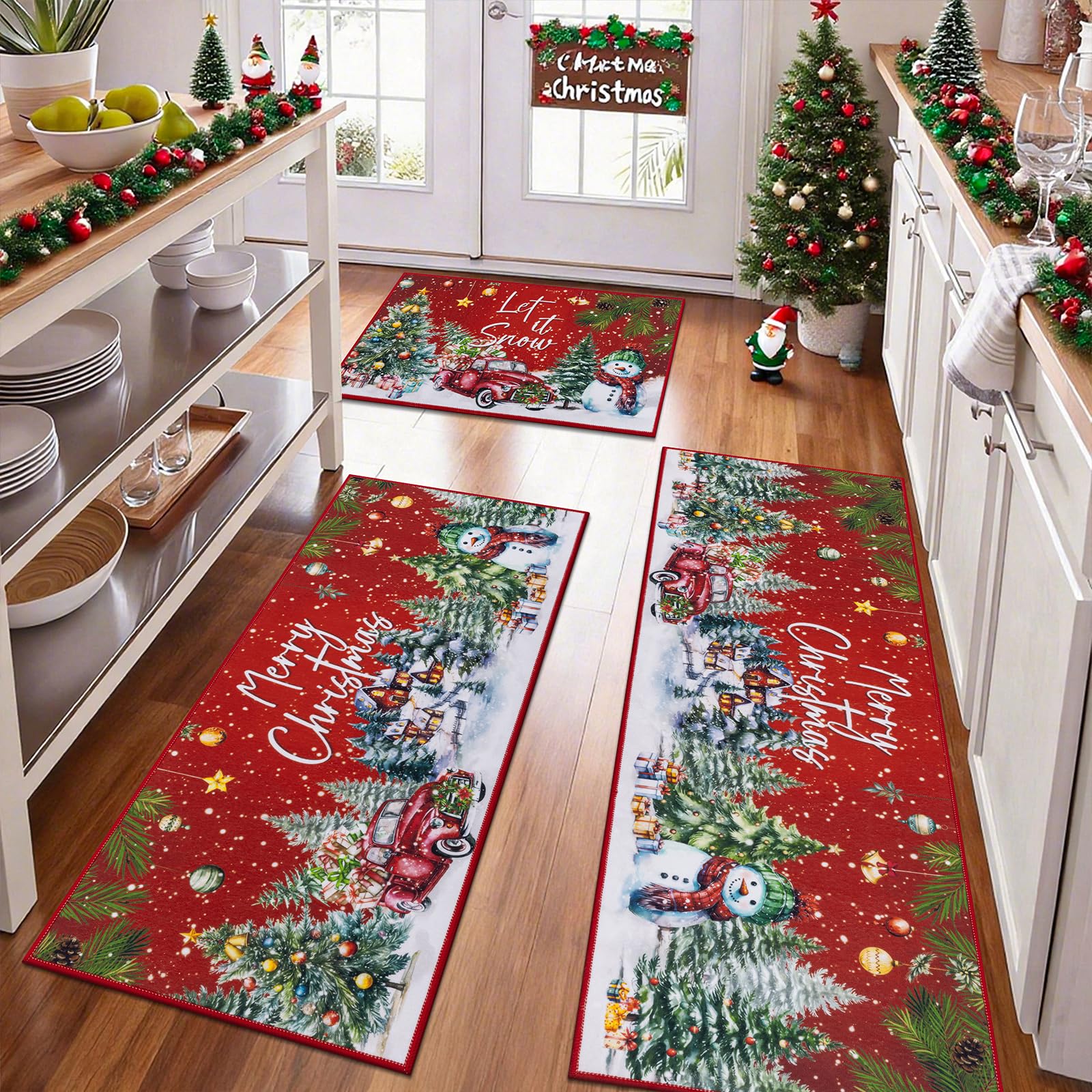 U Artlines Christmas Kitchen Rug and Mat Set of 3, Non Skid Merry Christmas Tree&Car Kitchen Mats for Home Decor, Washable Runn