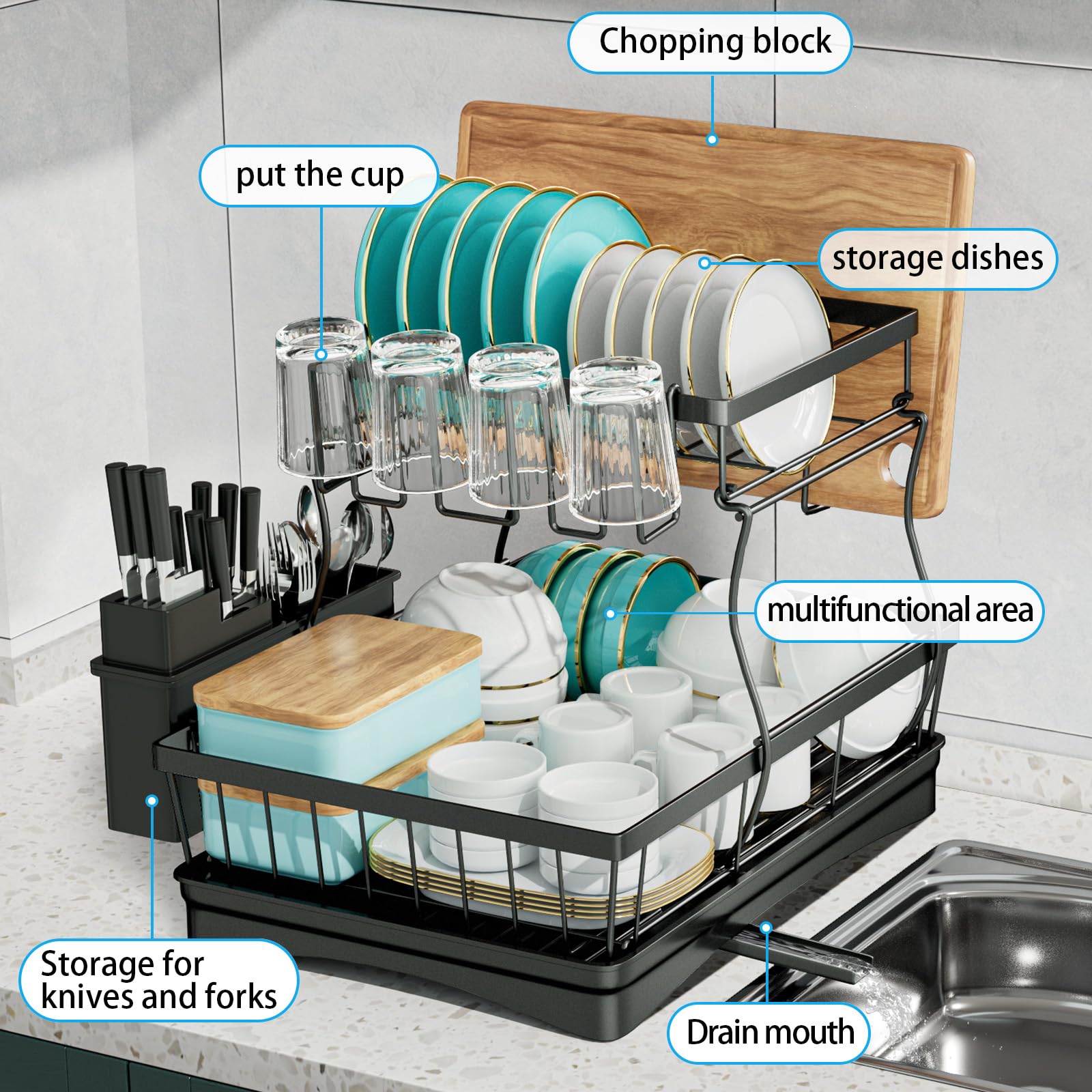 7 Code Large Dish Drying Rack For Kitchen Counter, Detachable Large Capacity Dish Drainer Organizer With Utensil Holder, 2-Tier