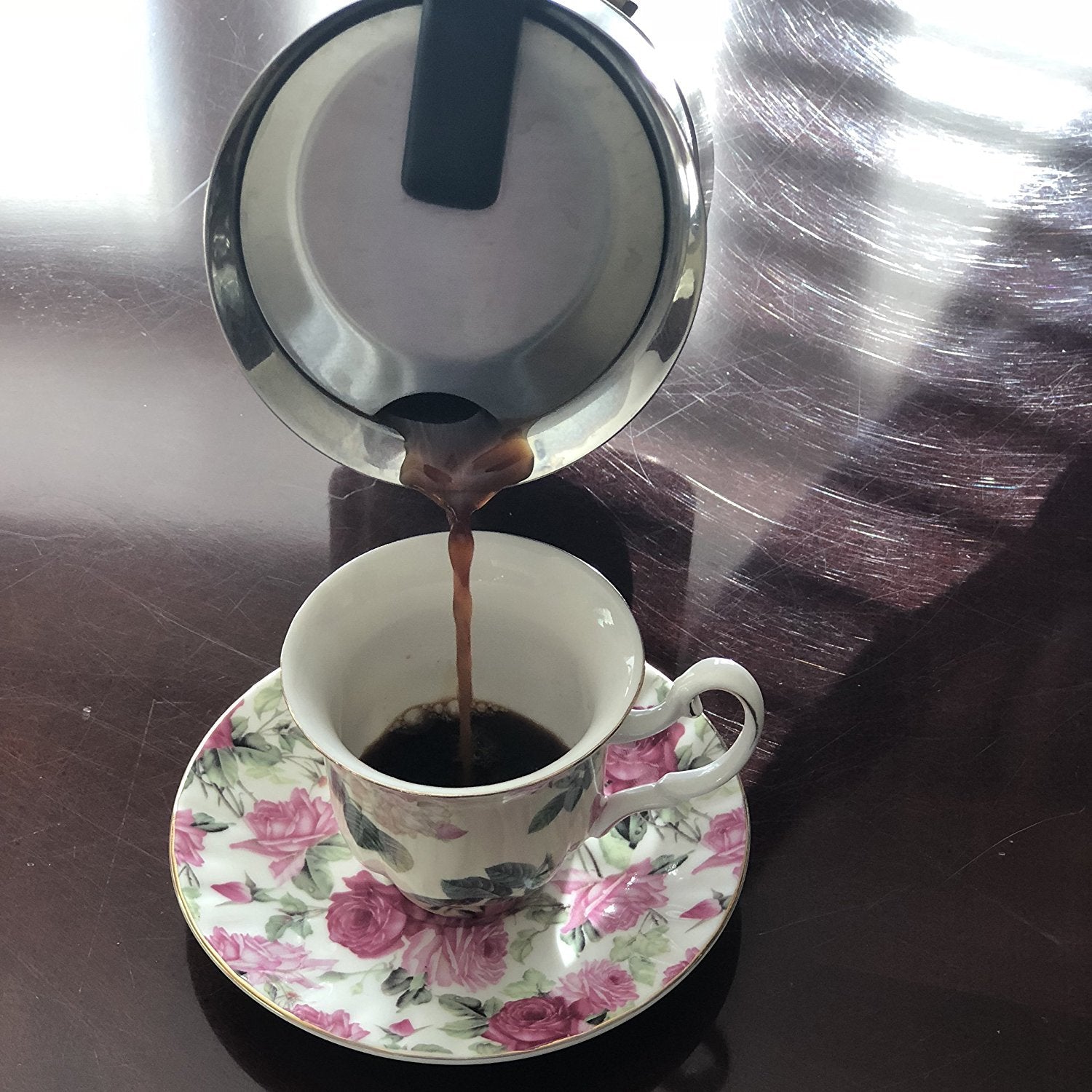 Gracie China Rose Chintz Porcelain 3-Ounce Small Petite Espresso/Demitasse Cup And Saucer With Gold Trim Set Of 4