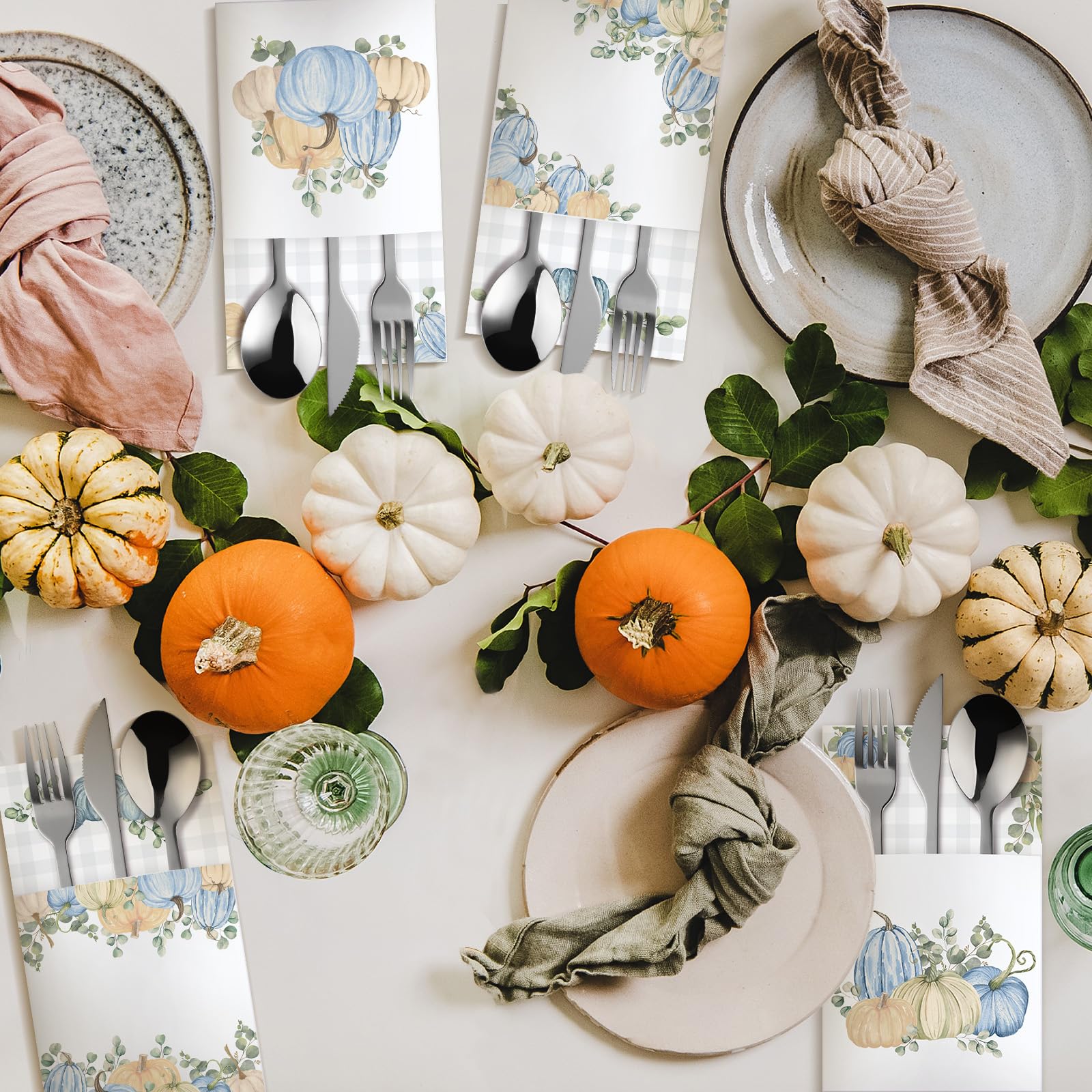 Sliner 48 Pcs Thanksgiving Cutlery Holder Fall Utensil Holder Blue Pumpkin Silverware Paper Bag Pockets Silverware Paper Pocket