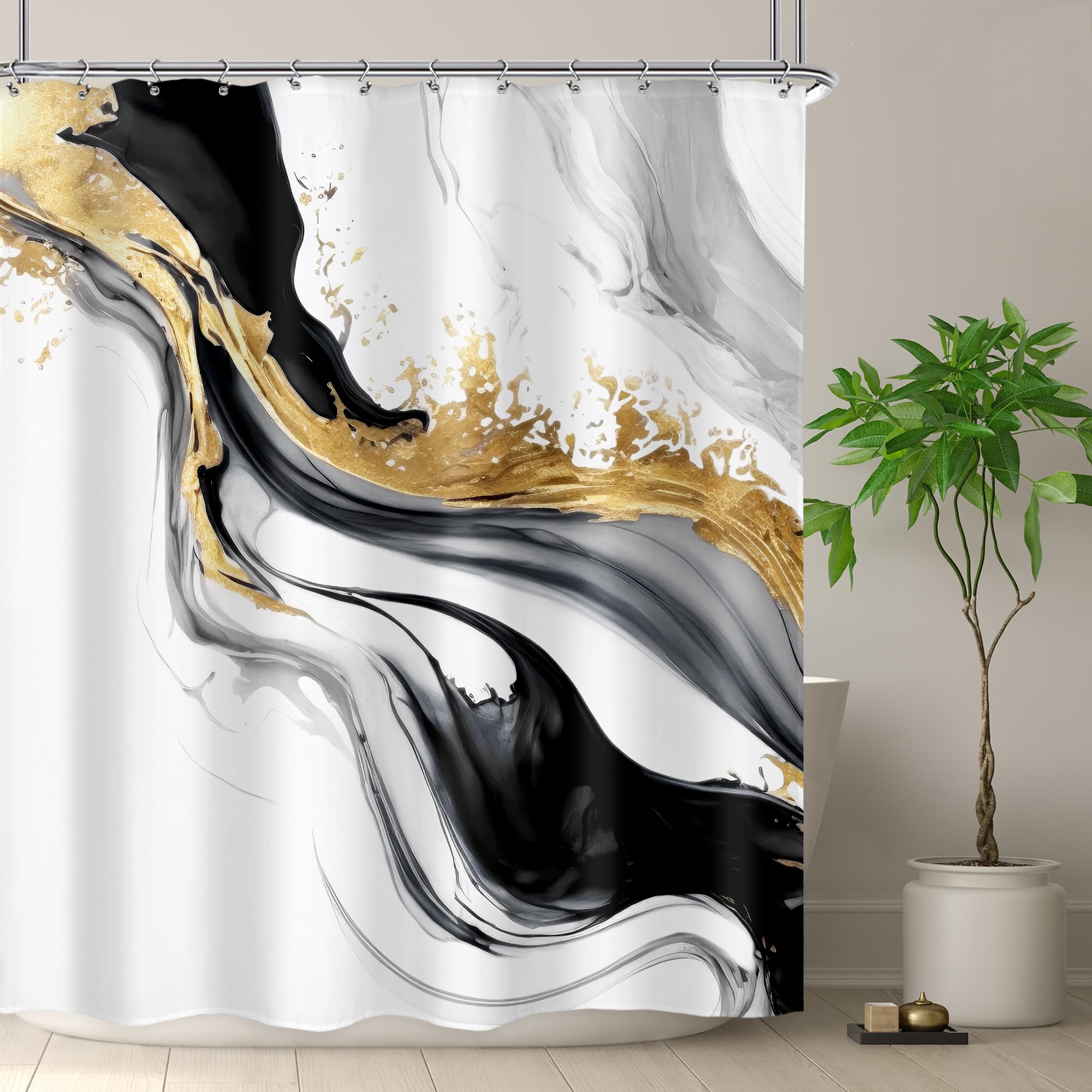Omifly Black White Gold Marble Shower Curtain 60Wx72H Inch Abstract Modern Luxury Ink Texture Minimalist Gray Ombre Aesthetic Fl